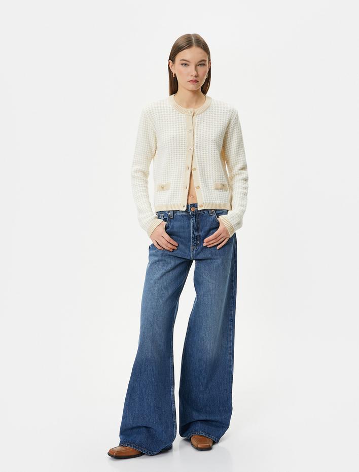  Triko Hırka Gold Düğme Detaylı Cepli Yuvarlak Yaka Uzun Kollu