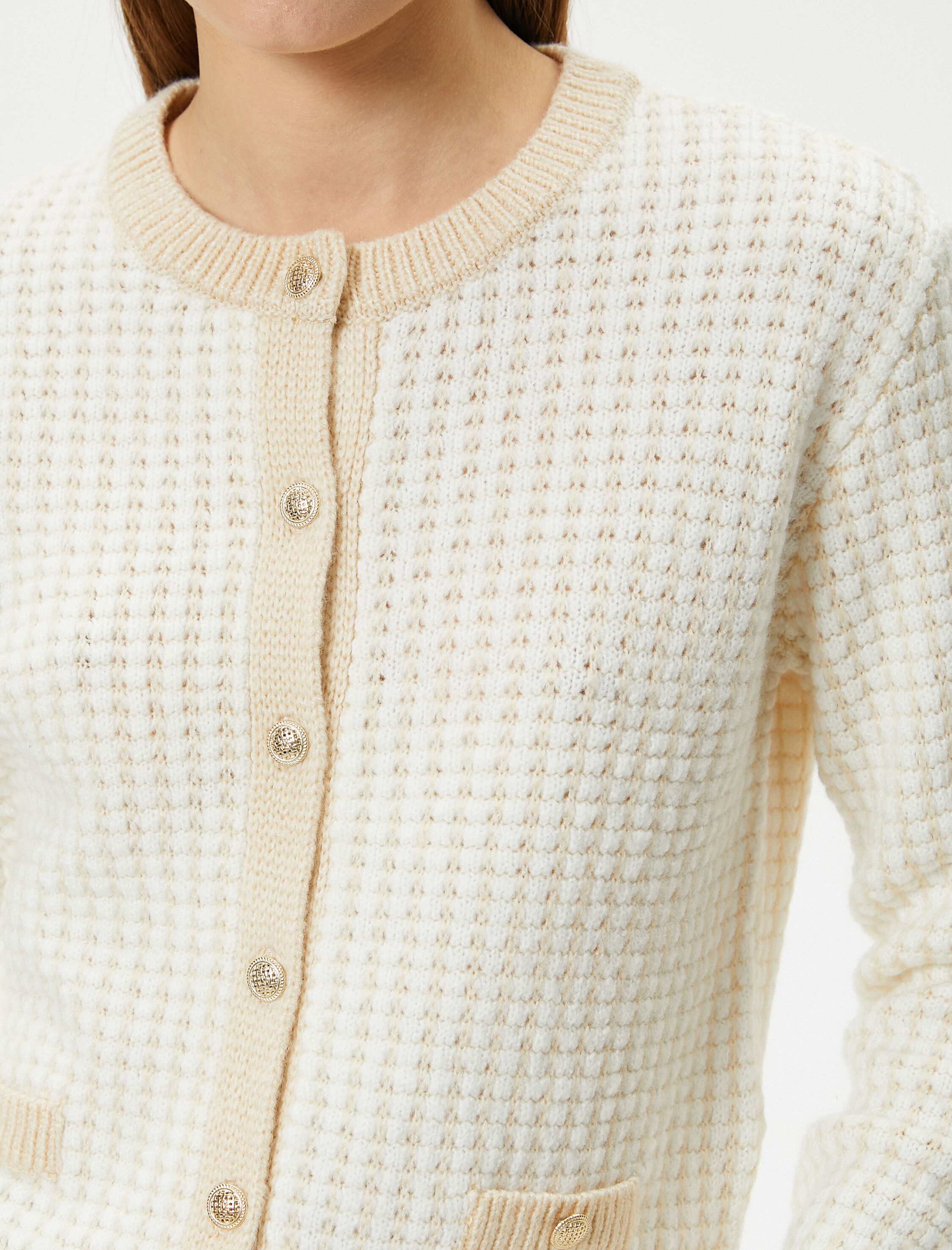   Triko Hırka Gold Düğme Detaylı Cepli Yuvarlak Yaka Uzun Kollu