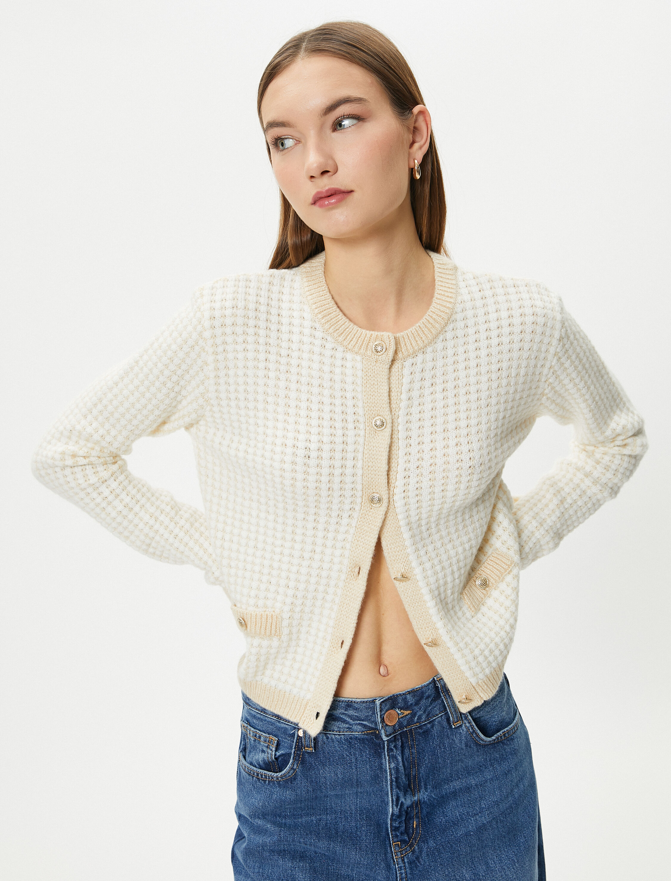   Triko Hırka Gold Düğme Detaylı Cepli Yuvarlak Yaka Uzun Kollu