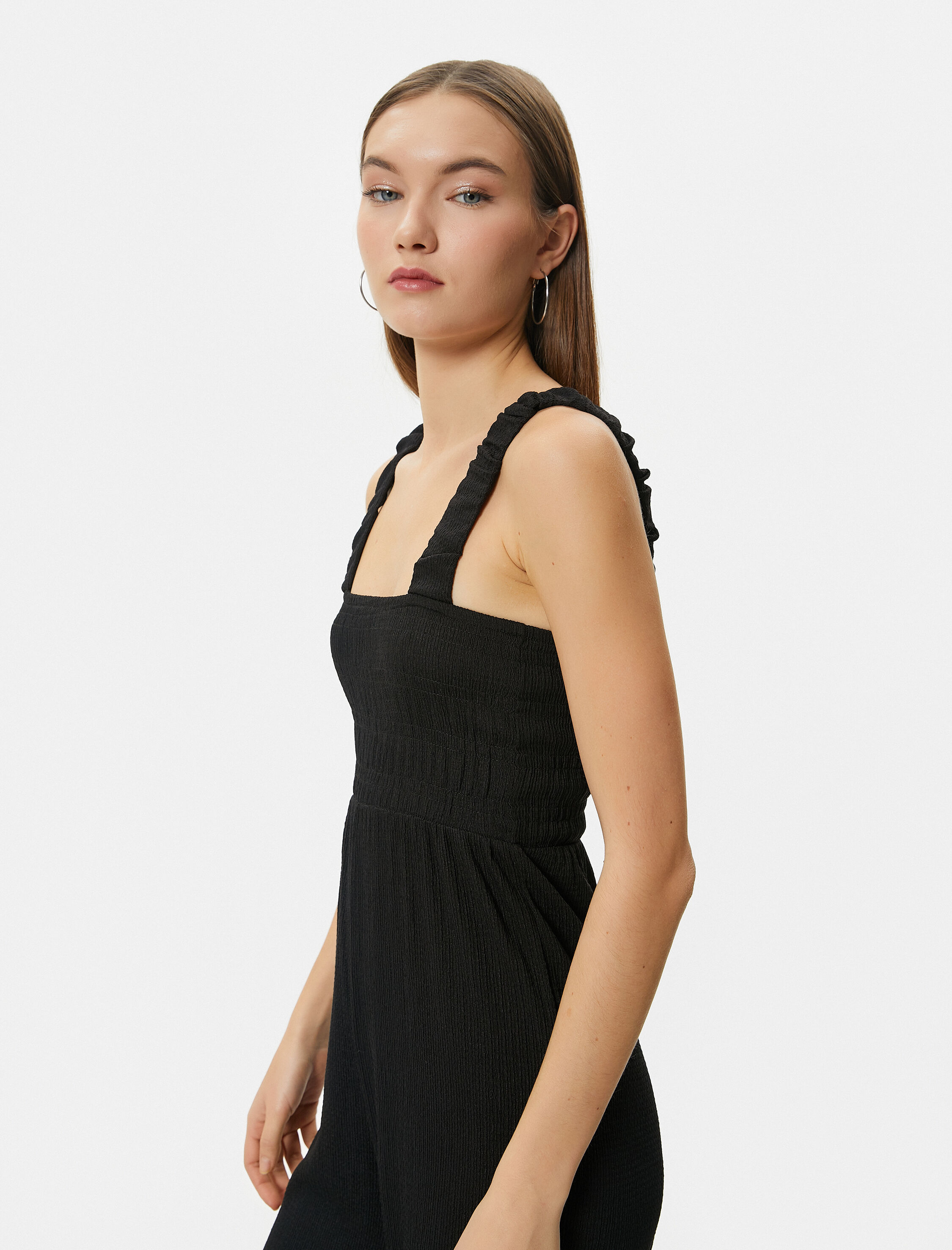   Tulum Kalın Askılı Kısa Düz Geniş Paça Kare Yaka Bürümcük