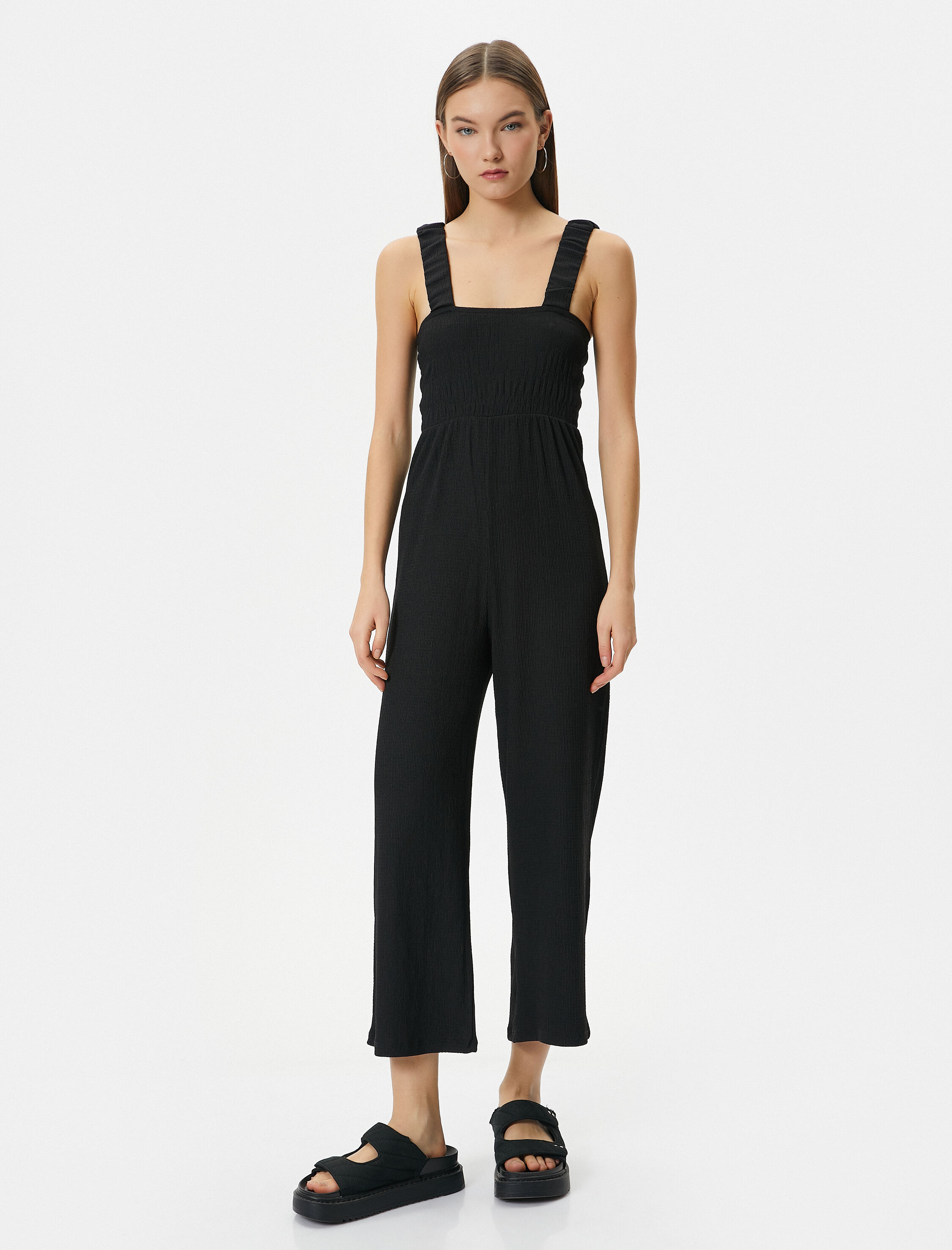   Tulum Kalın Askılı Kısa Düz Geniş Paça Kare Yaka Bürümcük