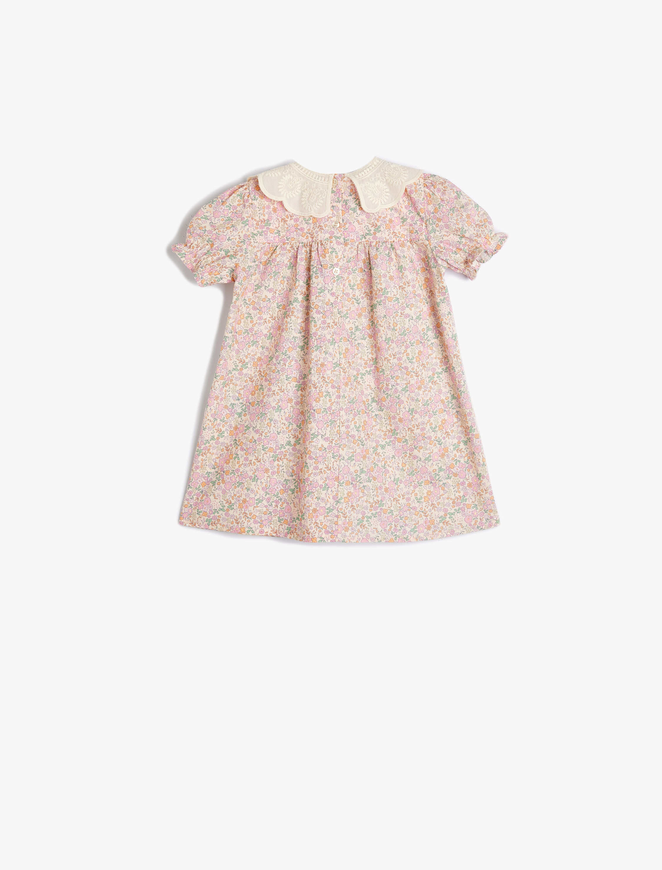 Kız Bebek Çiçekli Elbise Bebe Yaka Kısa Kollu Pamuklu