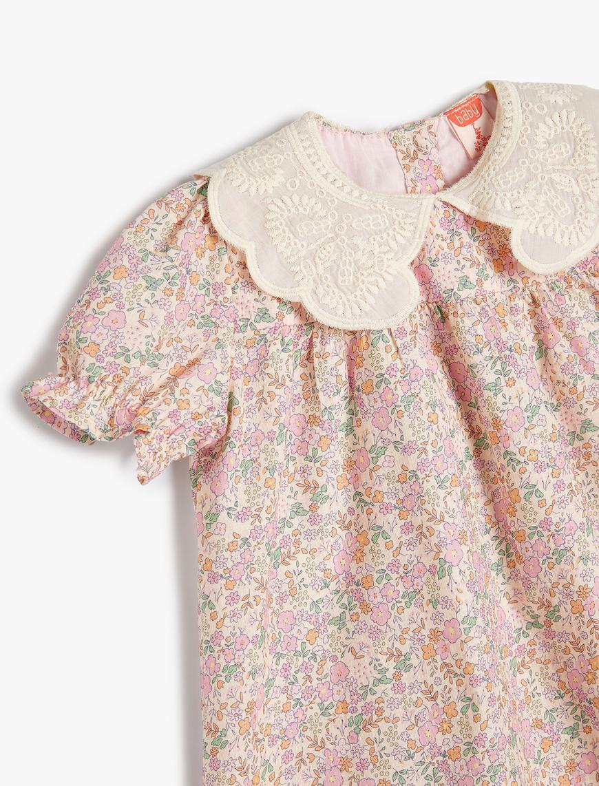  Kız Bebek Çiçekli Elbise Bebe Yaka Kısa Kollu Pamuklu