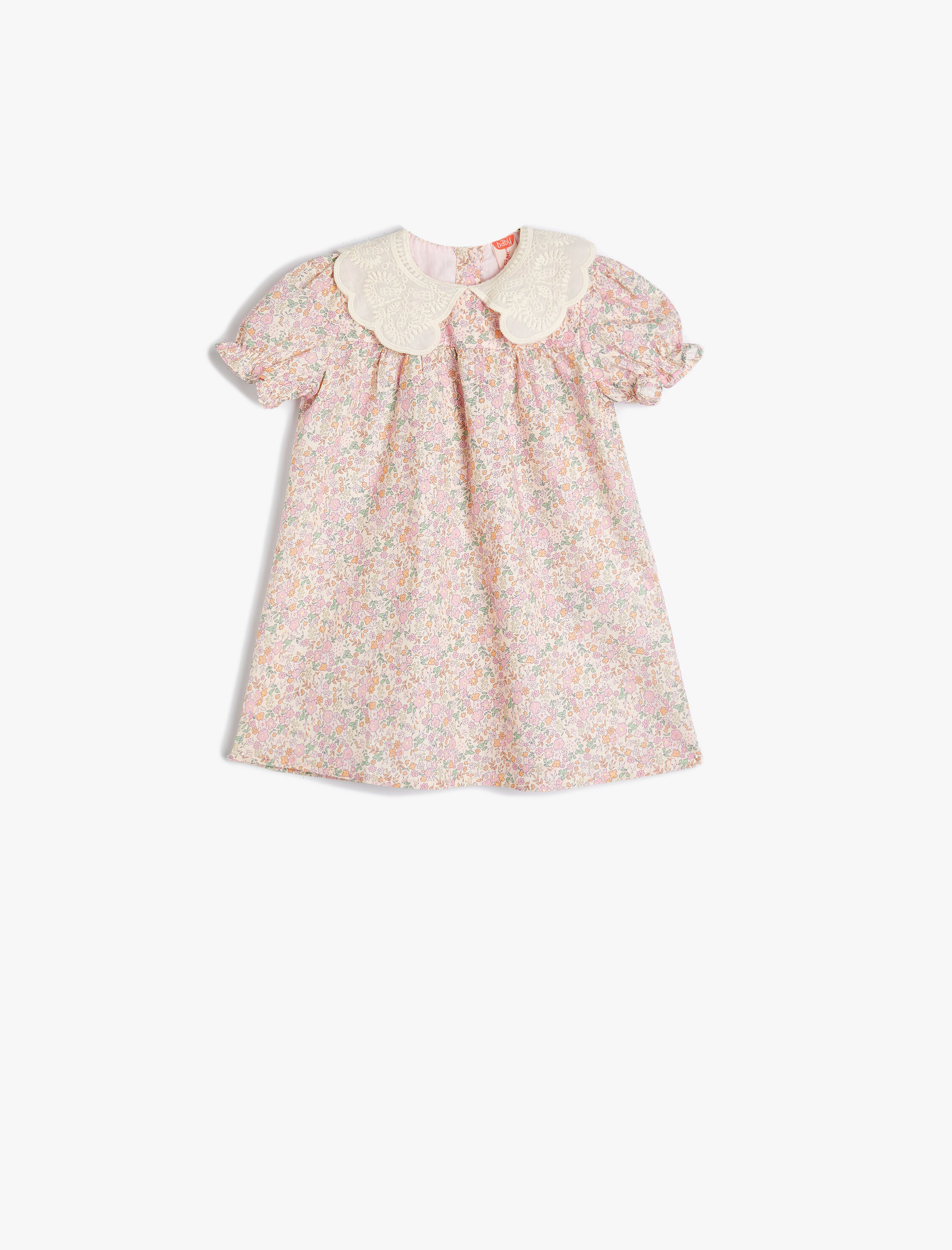  Kız Bebek Çiçekli Elbise Bebe Yaka Kısa Kollu Pamuklu