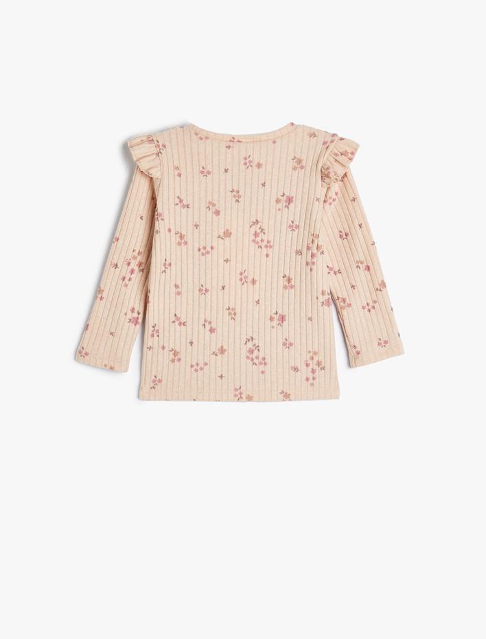 Kız Bebek Tişört Uzun Kollu Çiçek Baskılı Fırfır Detaylı Ribanalı