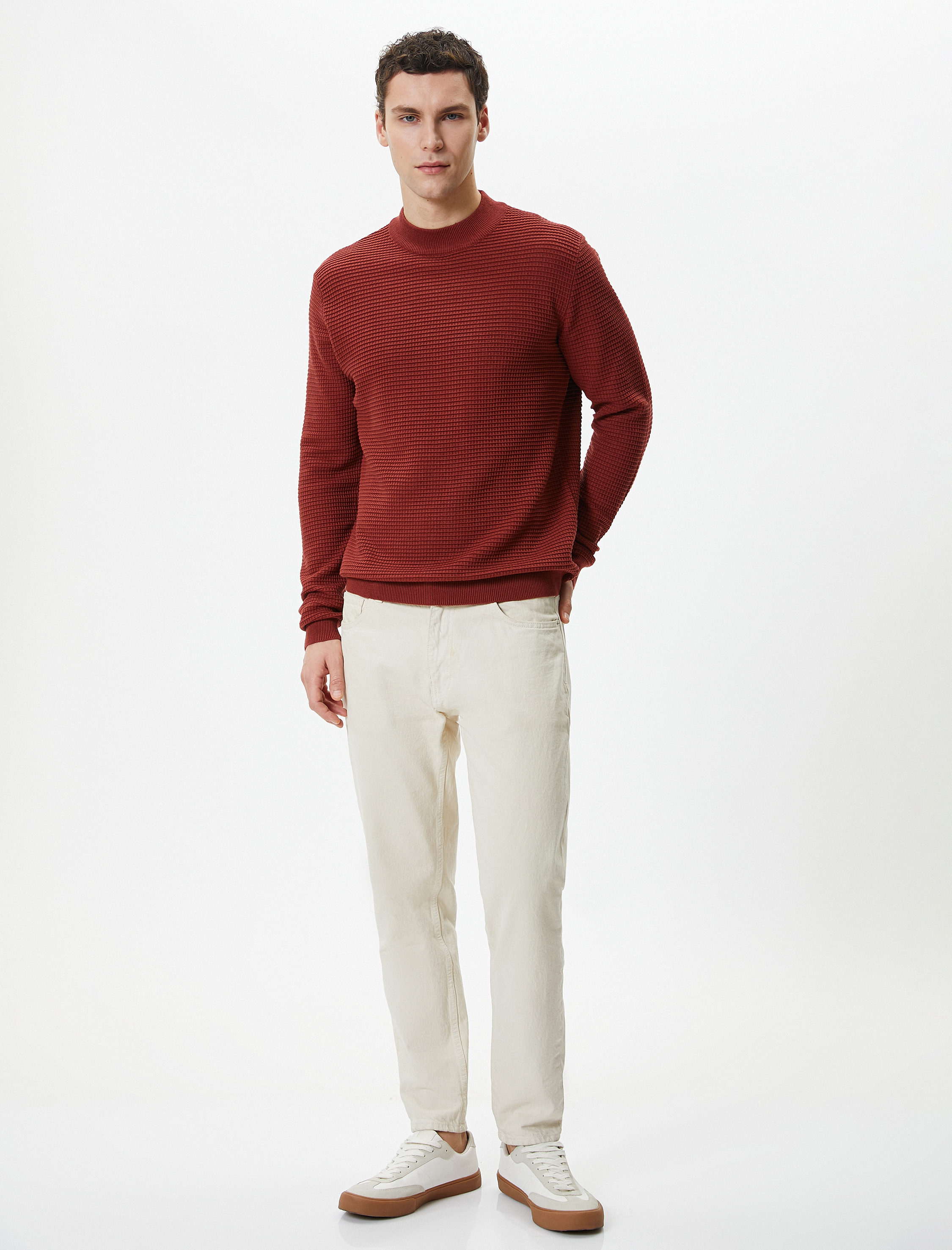 Slim Fit Kazak Triko Basic Bisiklet Yaka Dokulu
