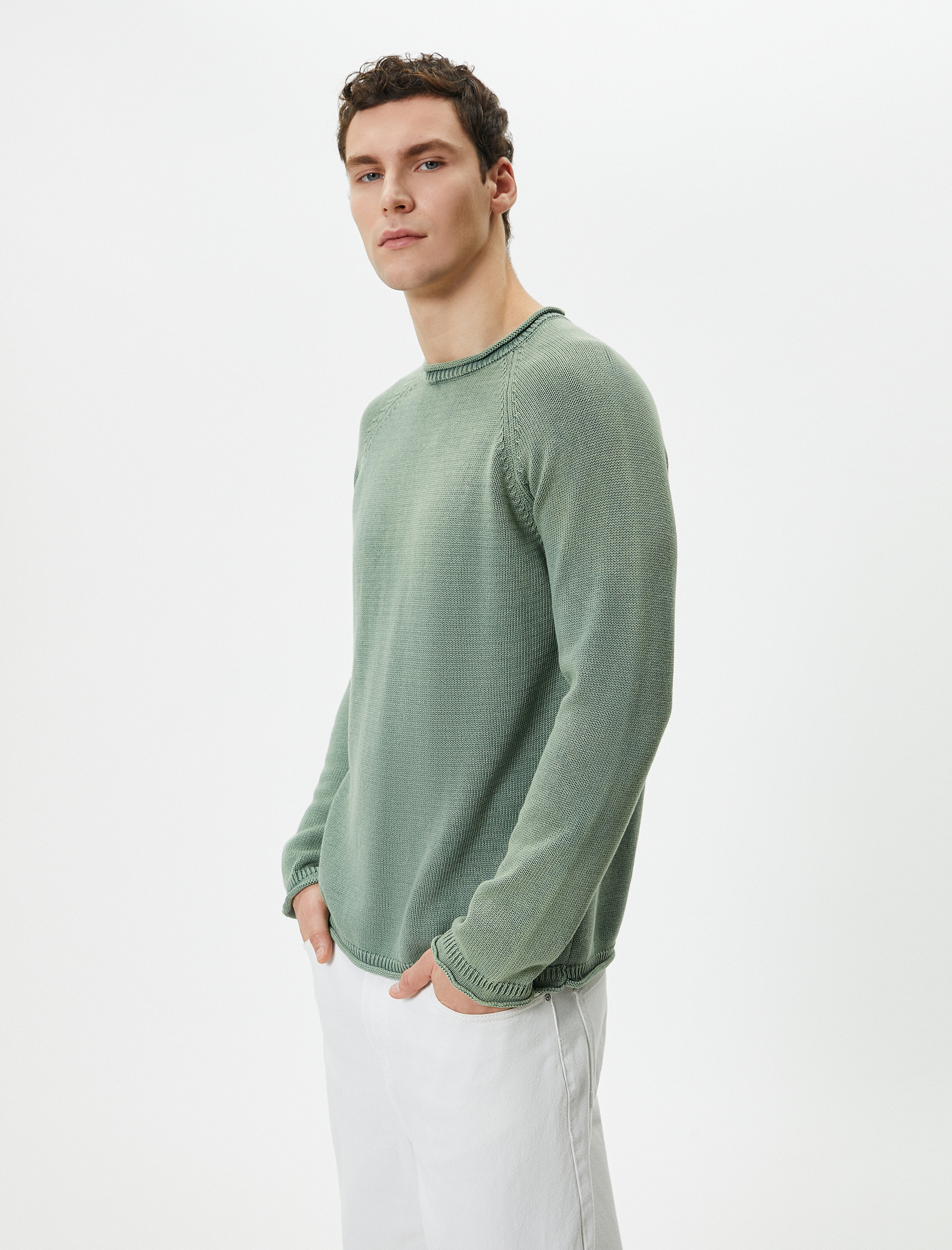   Triko Kazak Yıkamalı Bisiklet Yaka Dikiş Detaylı Pamuklu