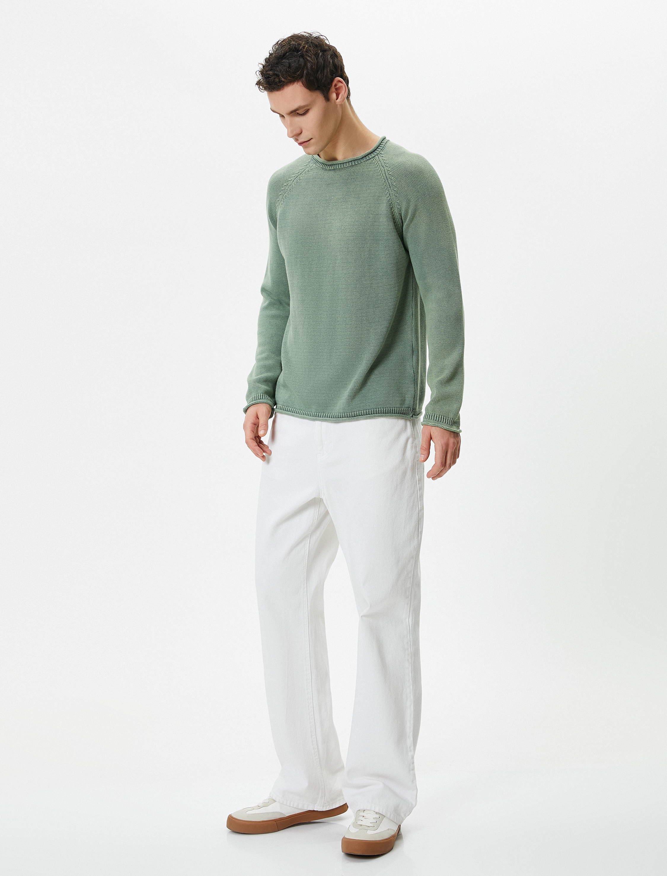   Triko Kazak Yıkamalı Bisiklet Yaka Dikiş Detaylı Pamuklu