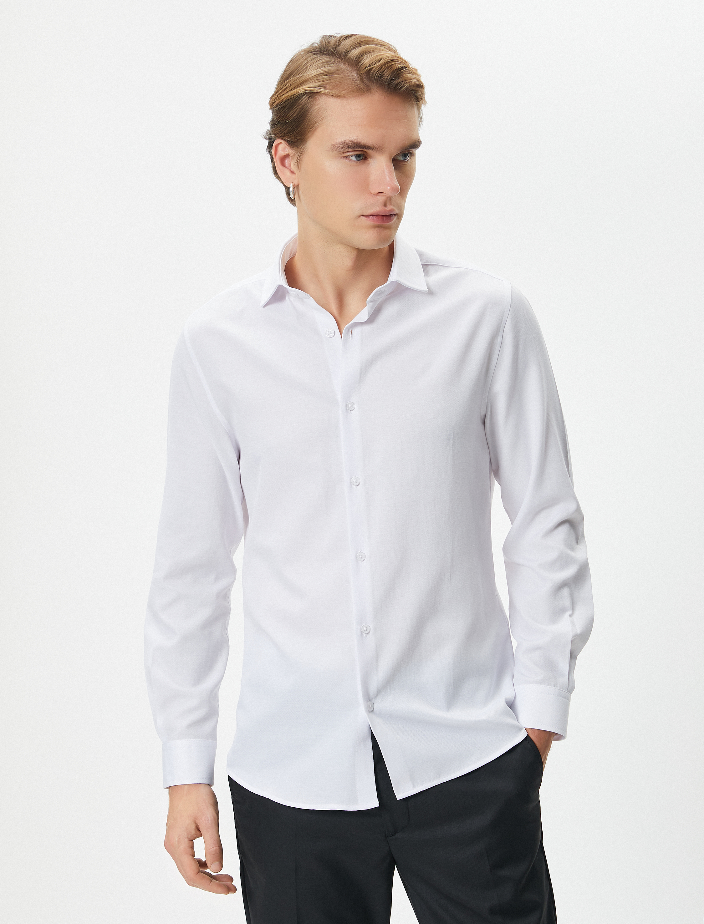   Klasik Gömlek Yarım İtalyan Yaka Düğmeli Uzun Kollu Regular Fit