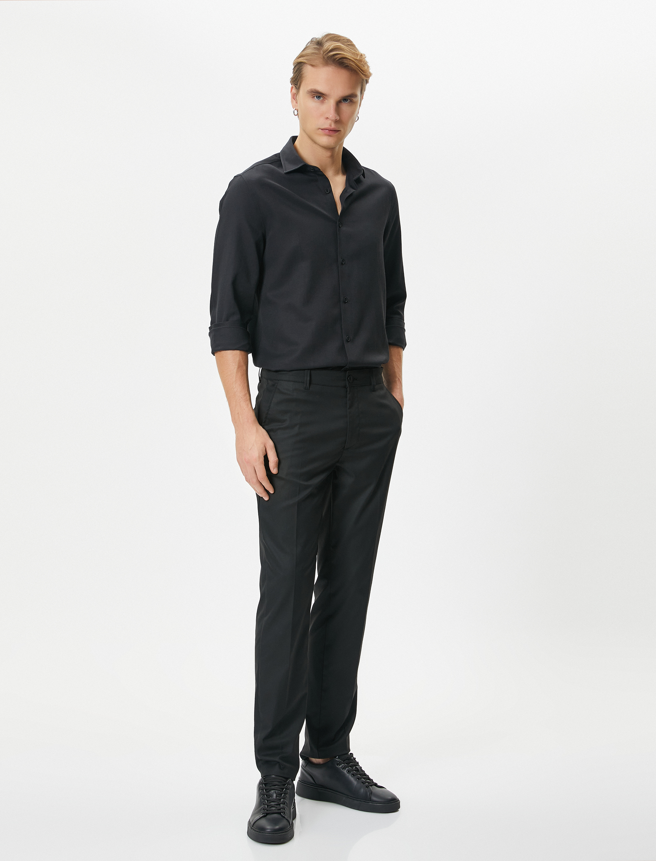   Klasik Gömlek Yarım İtalyan Yaka Düğmeli Uzun Kollu Regular Fit