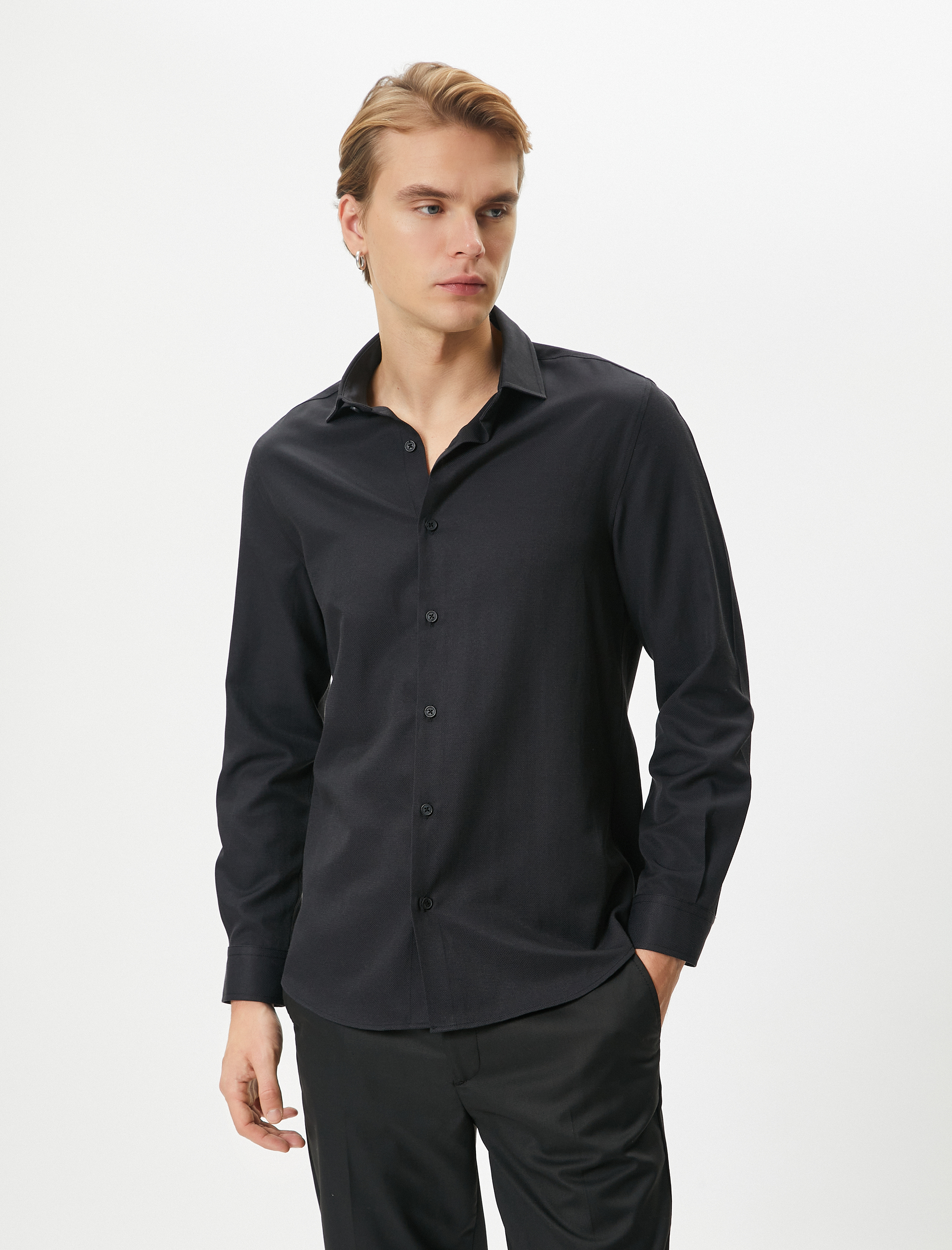   Klasik Gömlek Yarım İtalyan Yaka Düğmeli Uzun Kollu Regular Fit