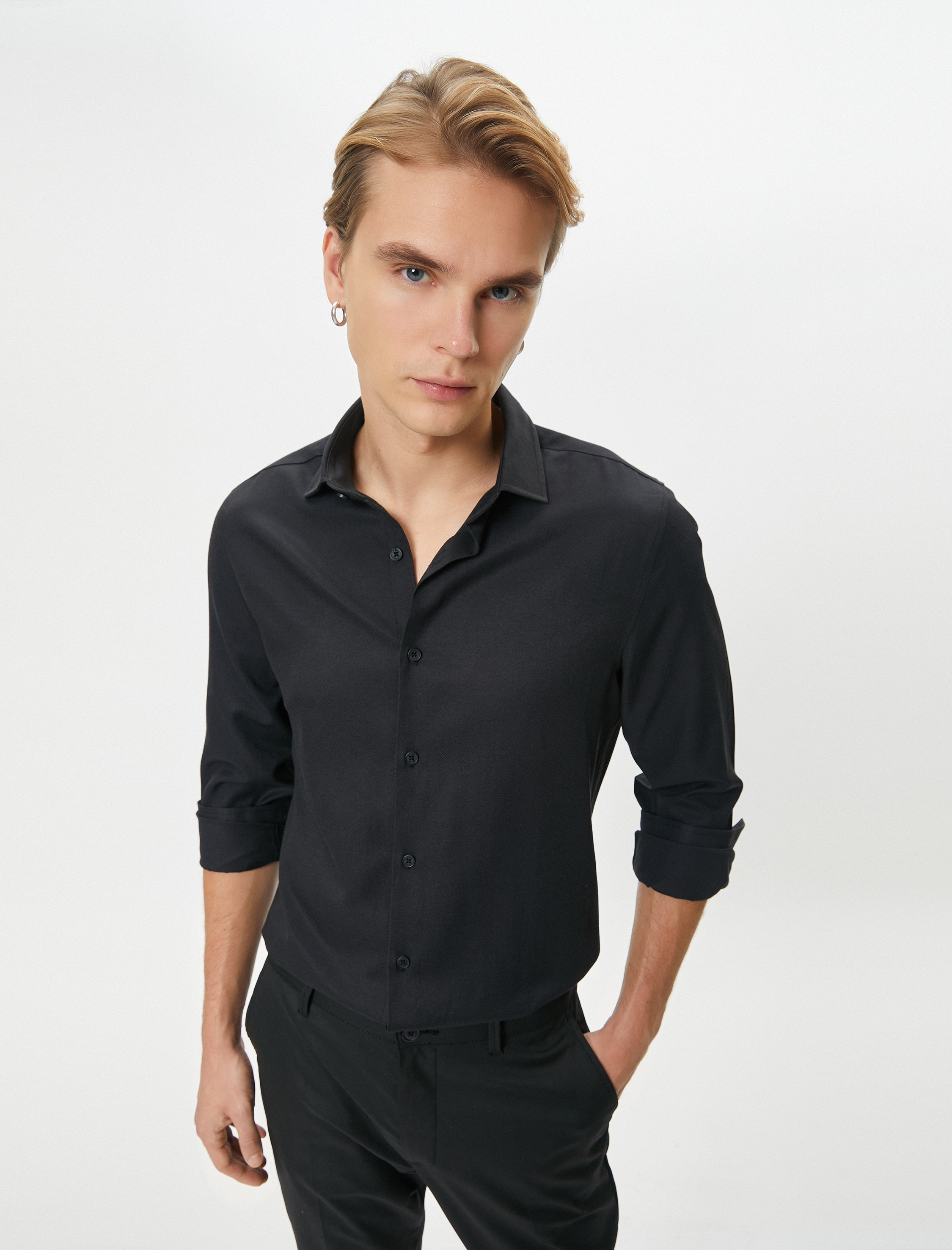   Klasik Gömlek Yarım İtalyan Yaka Düğmeli Uzun Kollu Regular Fit