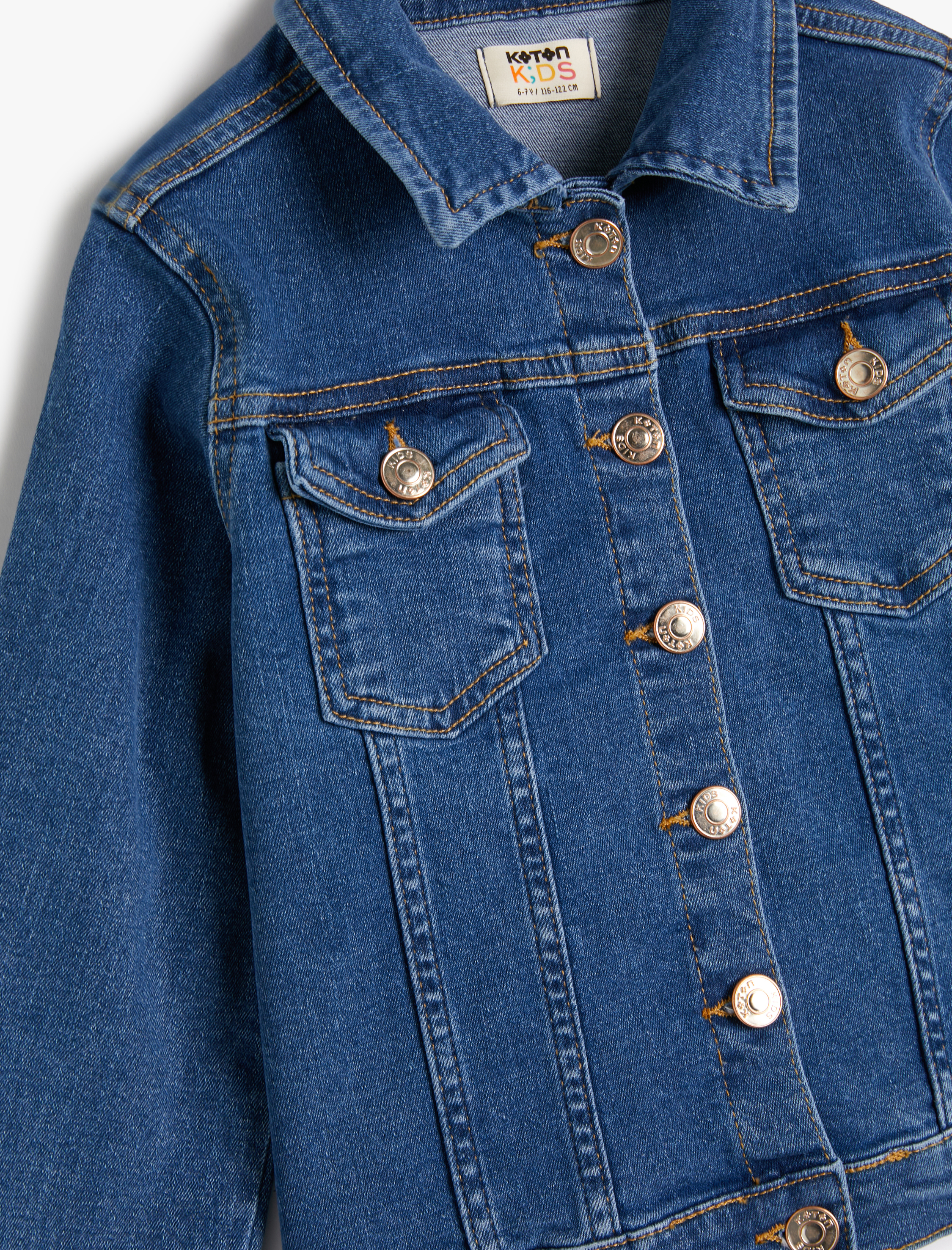  Kız Çocuk Kot Ceket Kapaklı Cep Detaylı Pamuklu Uzun Kollu