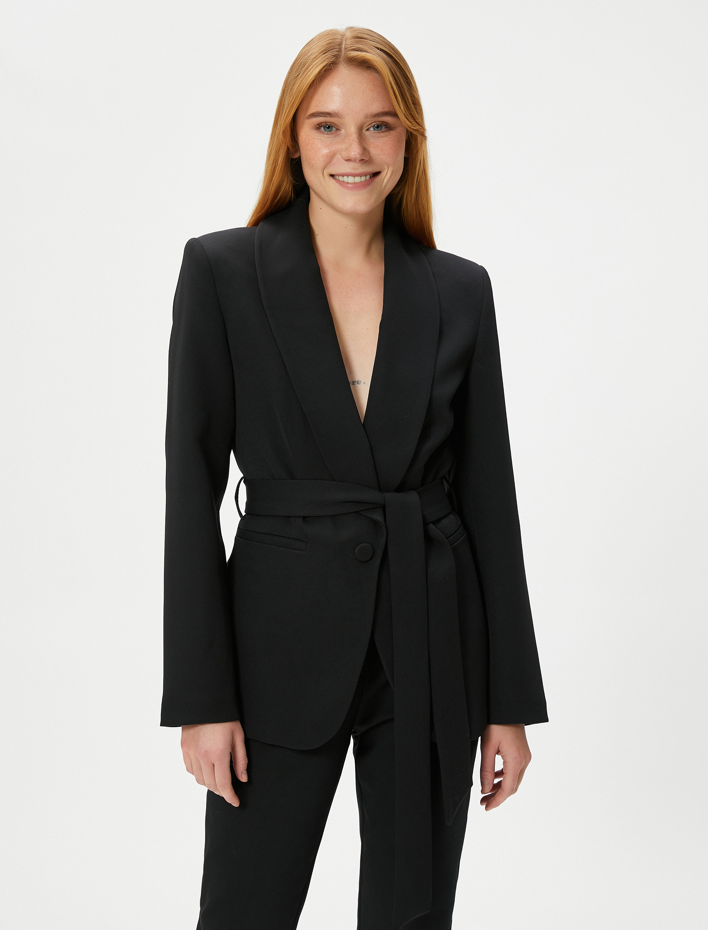   Blazer Ceket Düğmeli Fleto Cepli Beli Kuşaklı