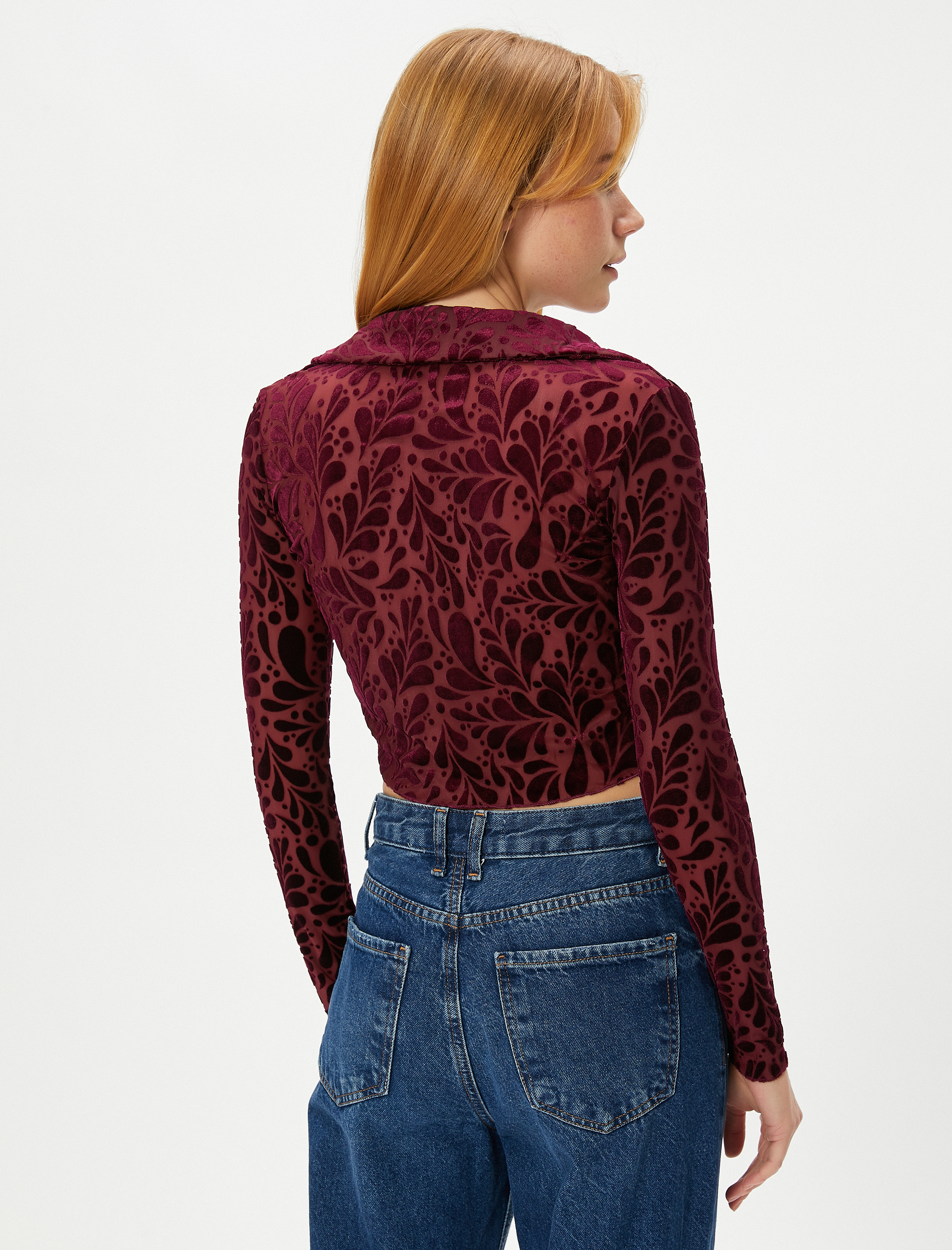   Crop Transparan Gömlek Kadife Dokulu Düğmeli Uzun Kollu