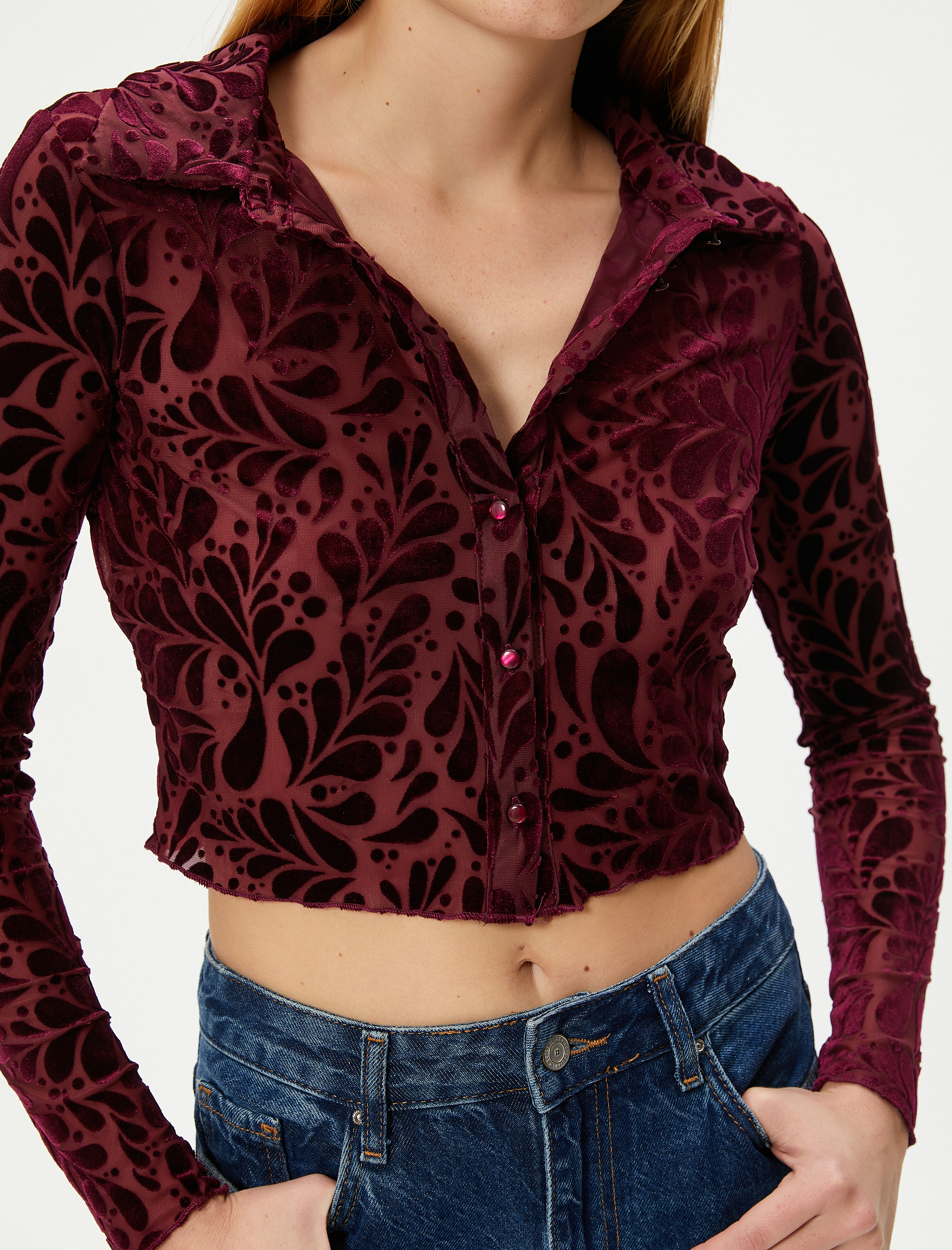   Crop Transparan Gömlek Kadife Dokulu Düğmeli Uzun Kollu