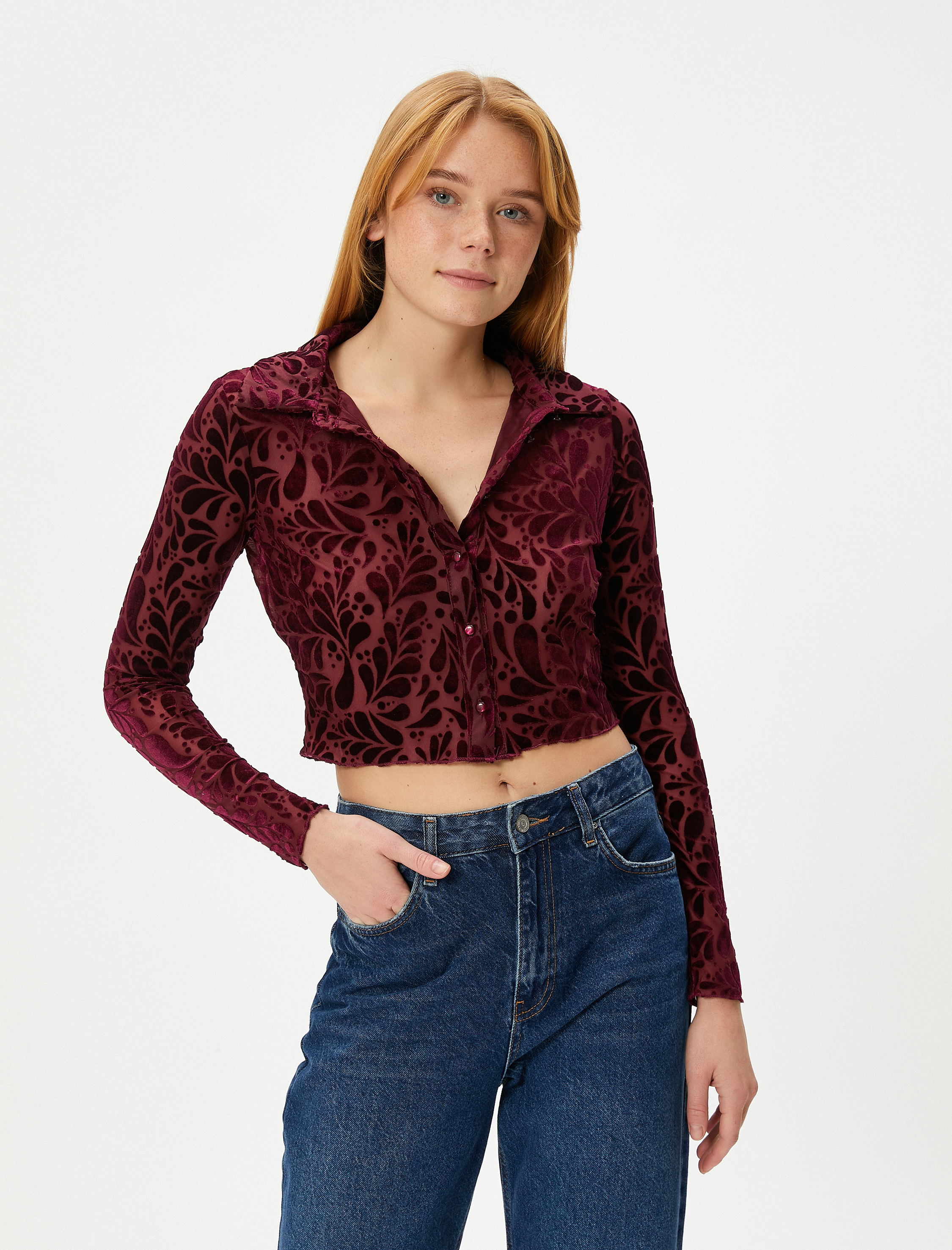   Crop Transparan Gömlek Kadife Dokulu Düğmeli Uzun Kollu