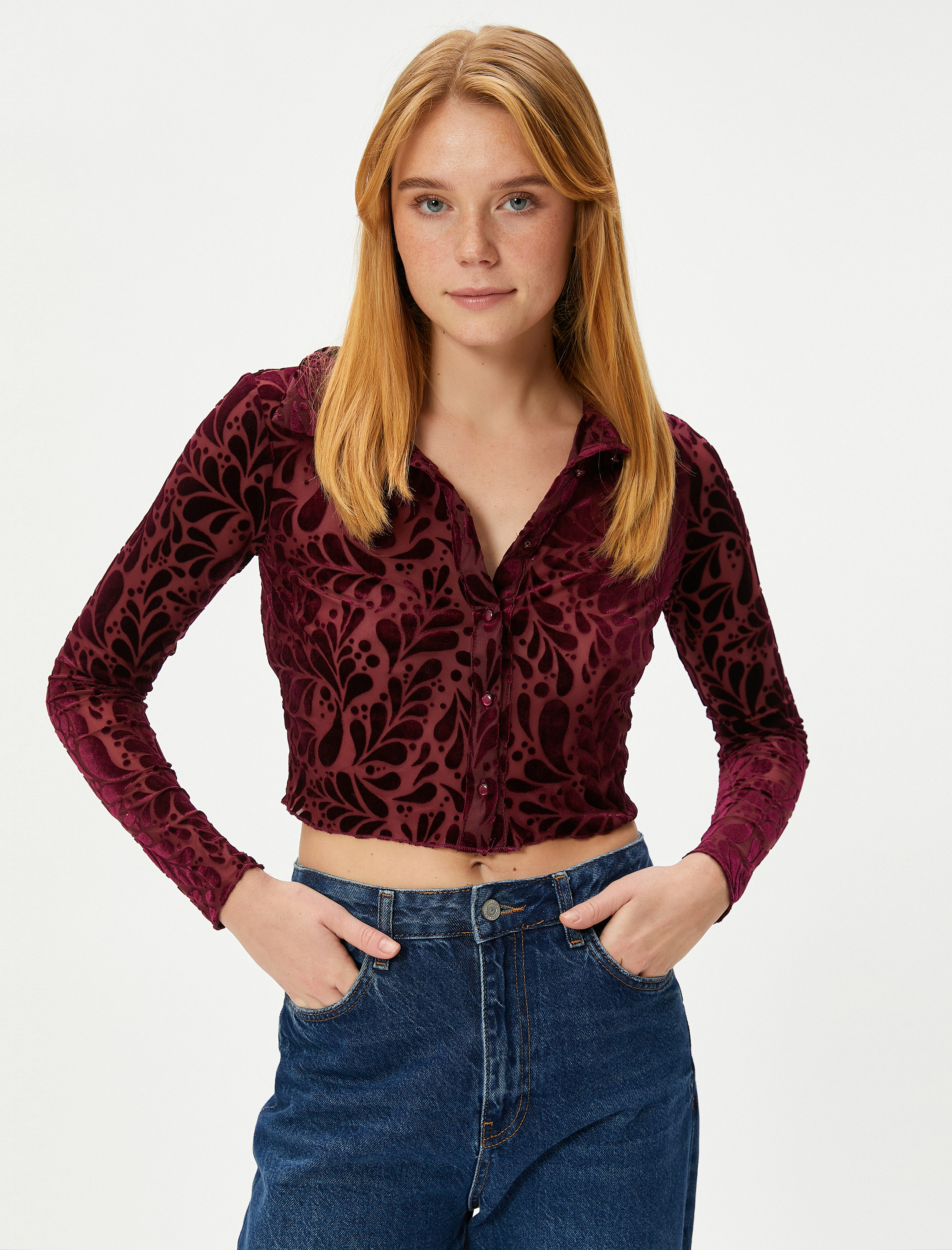   Crop Transparan Gömlek Kadife Dokulu Düğmeli Uzun Kollu