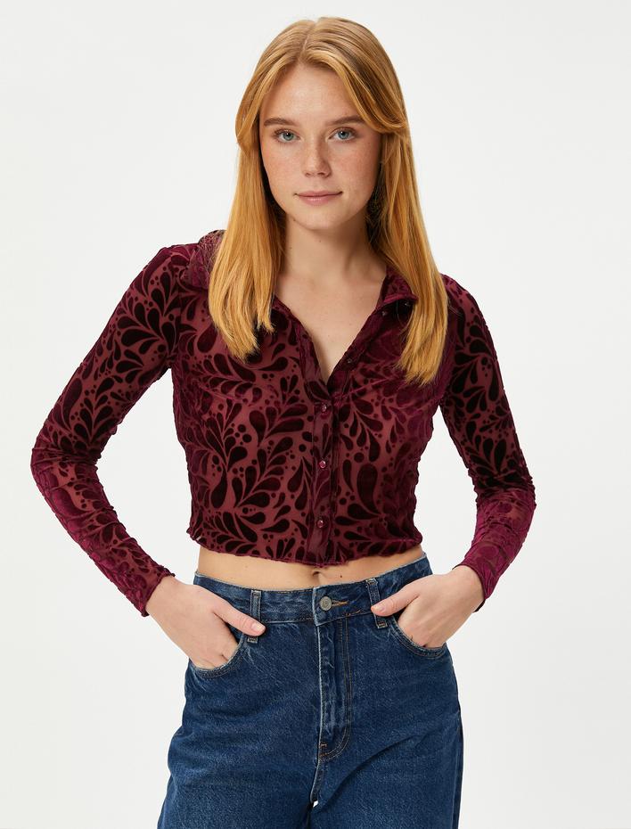  Crop Transparan Gömlek Kadife Dokulu Düğmeli Uzun Kollu