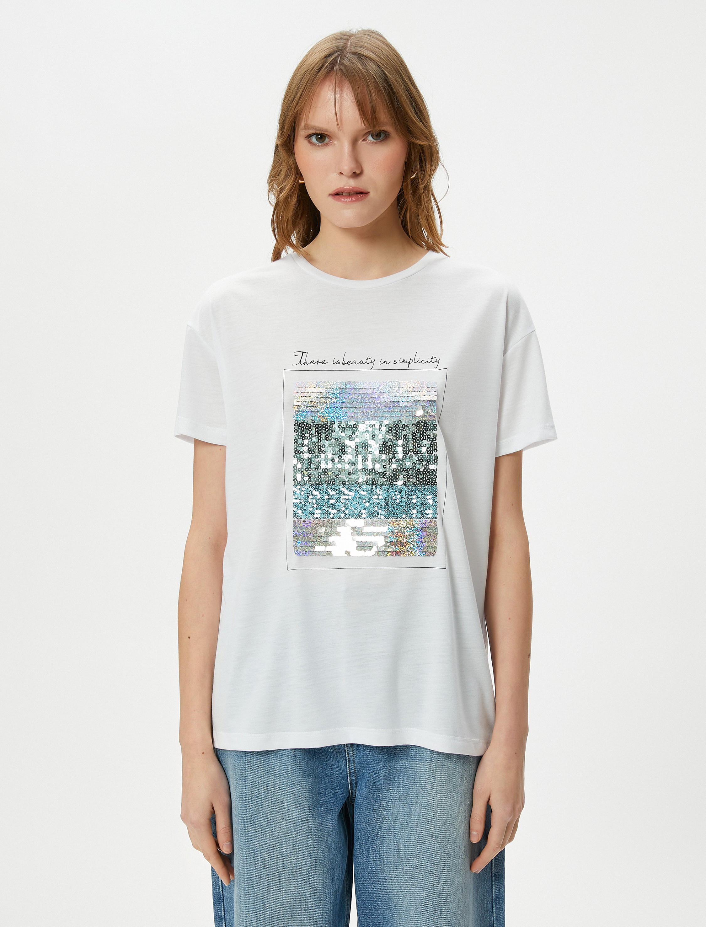   Pul Payetli Tişört Bisiklet Yaka Kısa Kollu