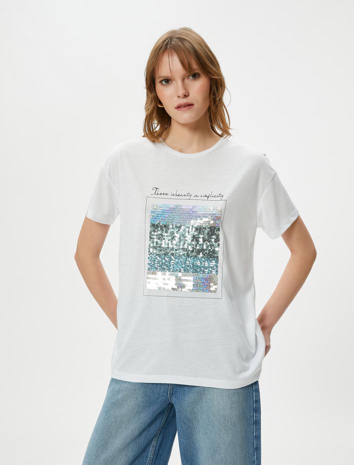  Pul Payetli Tişört Bisiklet Yaka Kısa Kollu