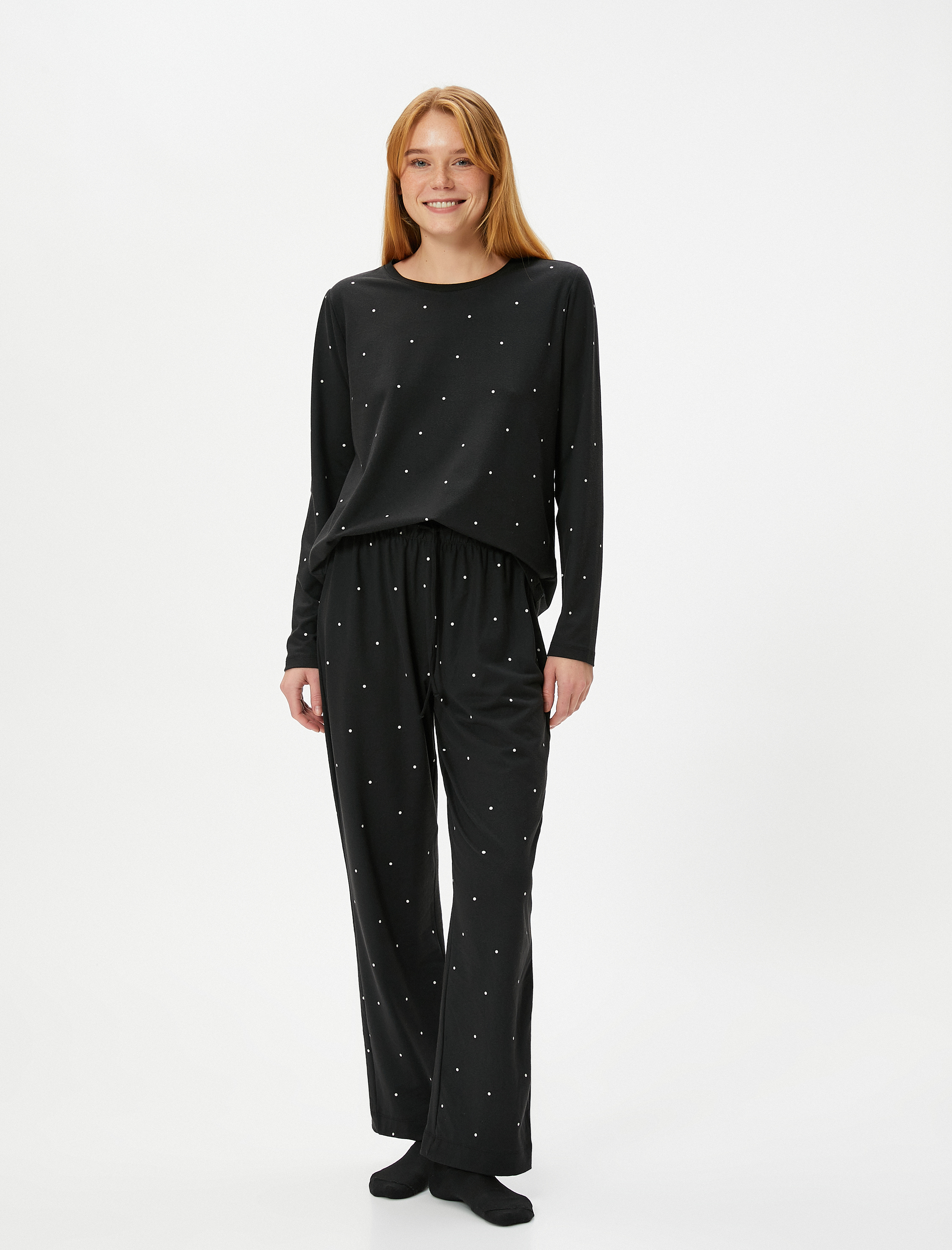   Kışlık Pijama Takımı Uzun Kollu Puantiyeli Bisiklet Yaka