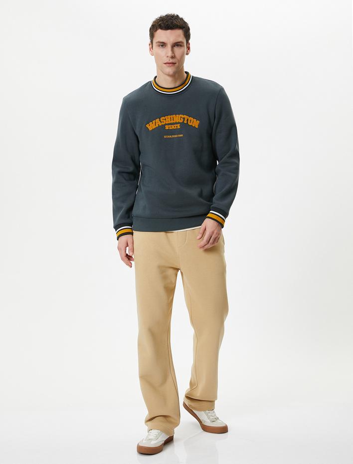  Eşofman Altı Boru Paça Beli Lastikli Cep Detaylı İşlemeli Şardonlu