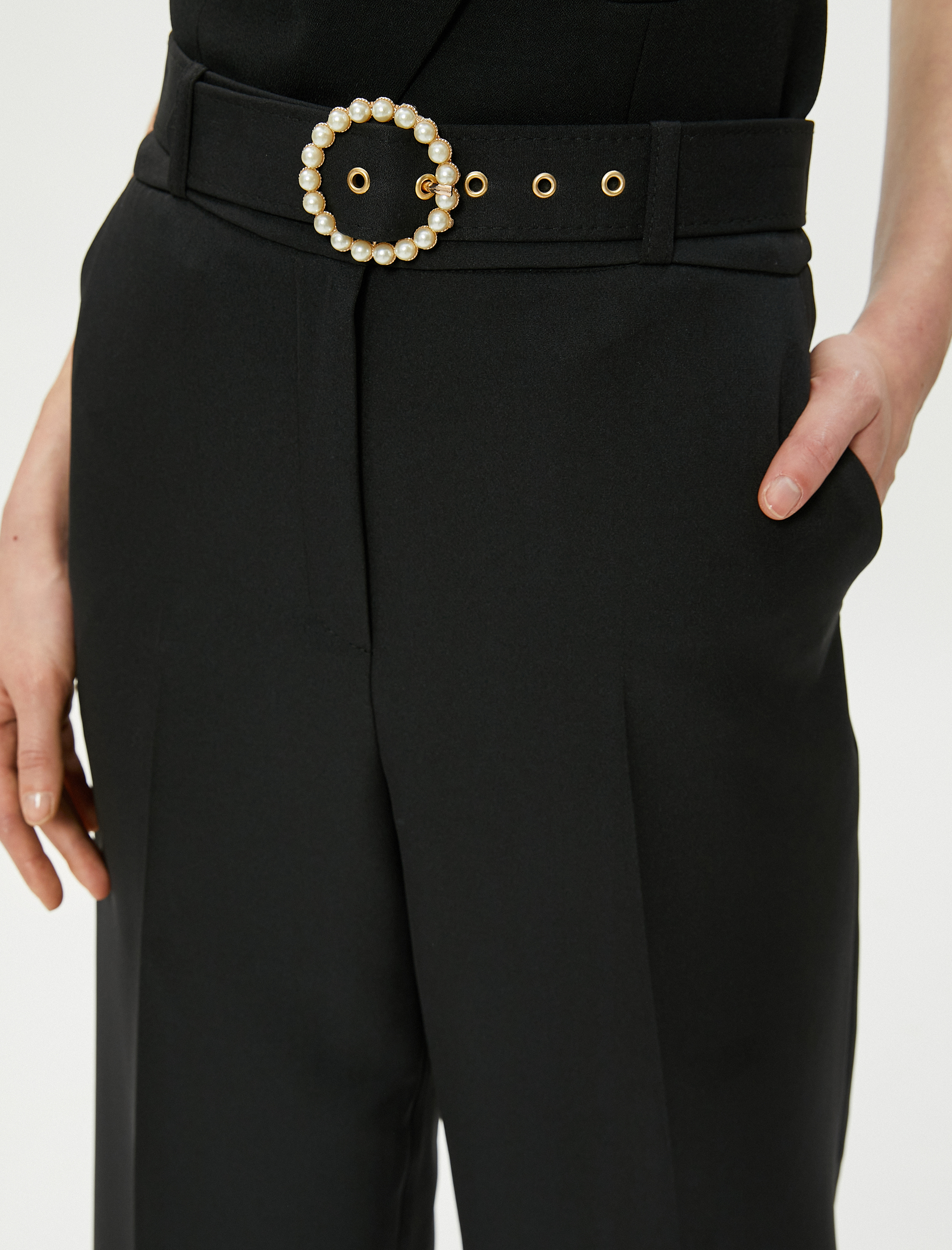   Culotte Pantolon Crop Bol Paça Yüksek Bel İnci Kemerli