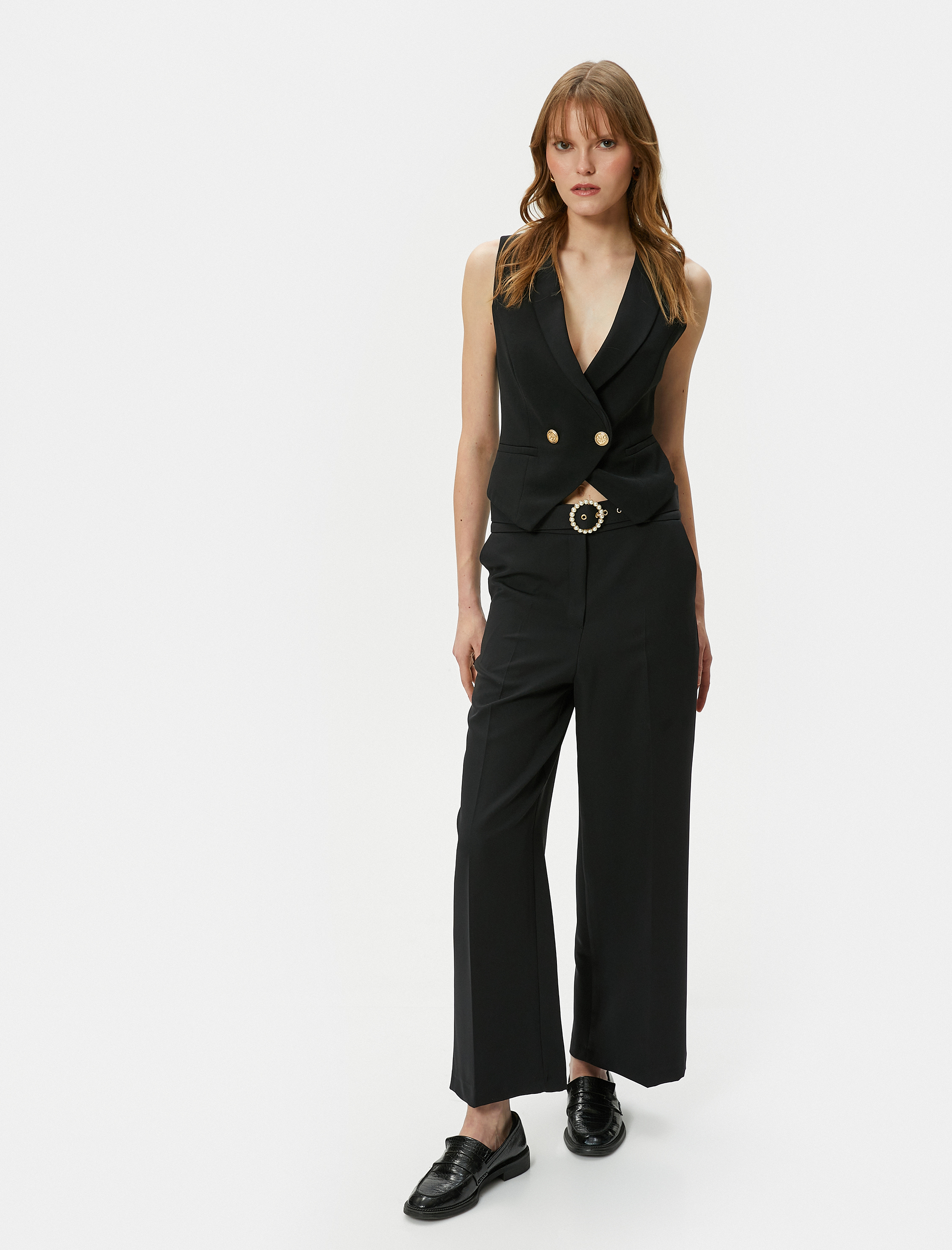   Culotte Pantolon Crop Bol Paça Yüksek Bel İnci Kemerli