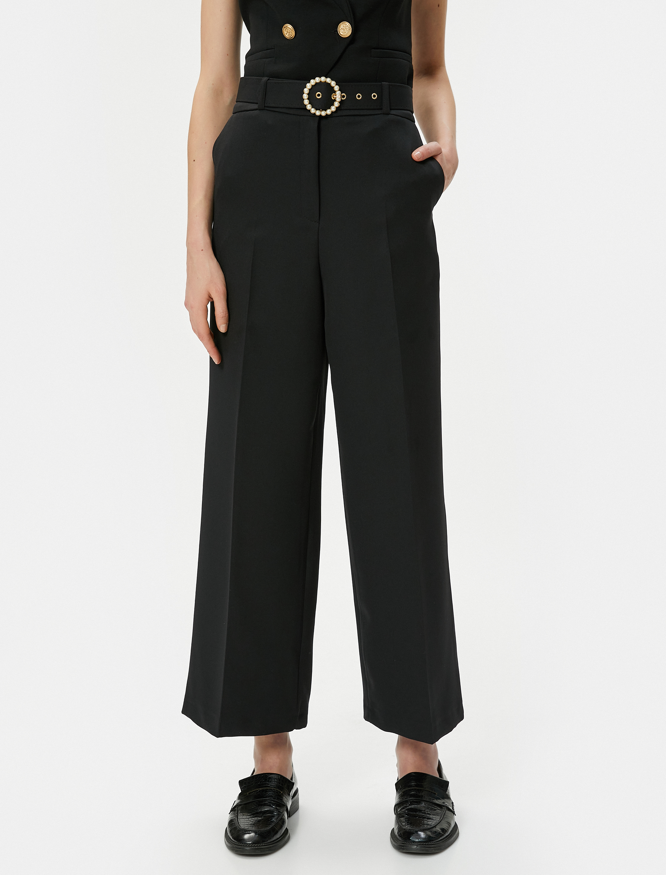   Culotte Pantolon Crop Bol Paça Yüksek Bel İnci Kemerli