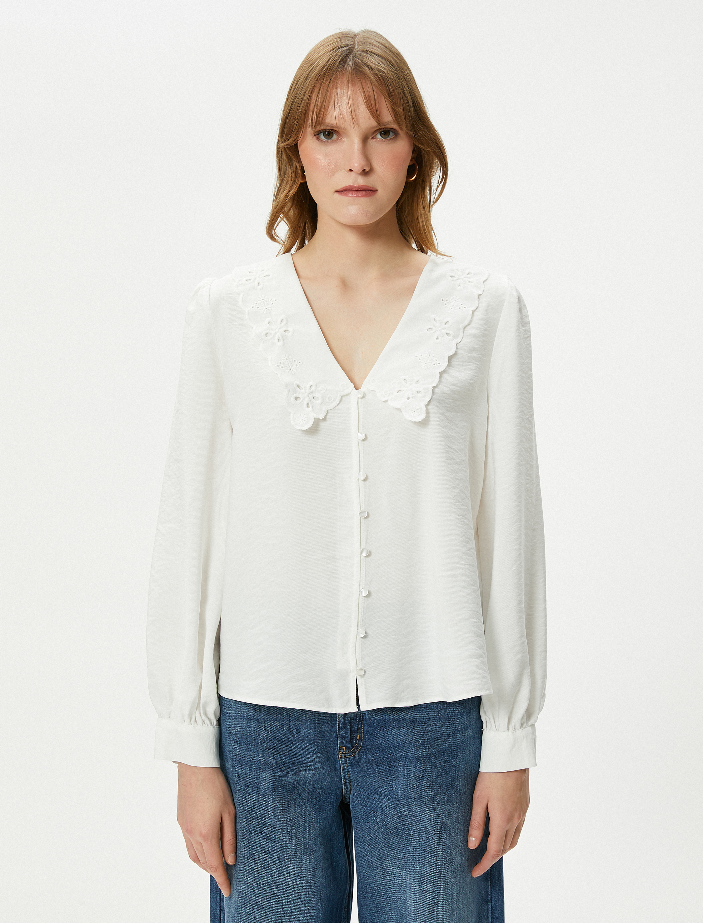   Bebe Yaka Gömlek Düğmeli Balon Kollu Viskon