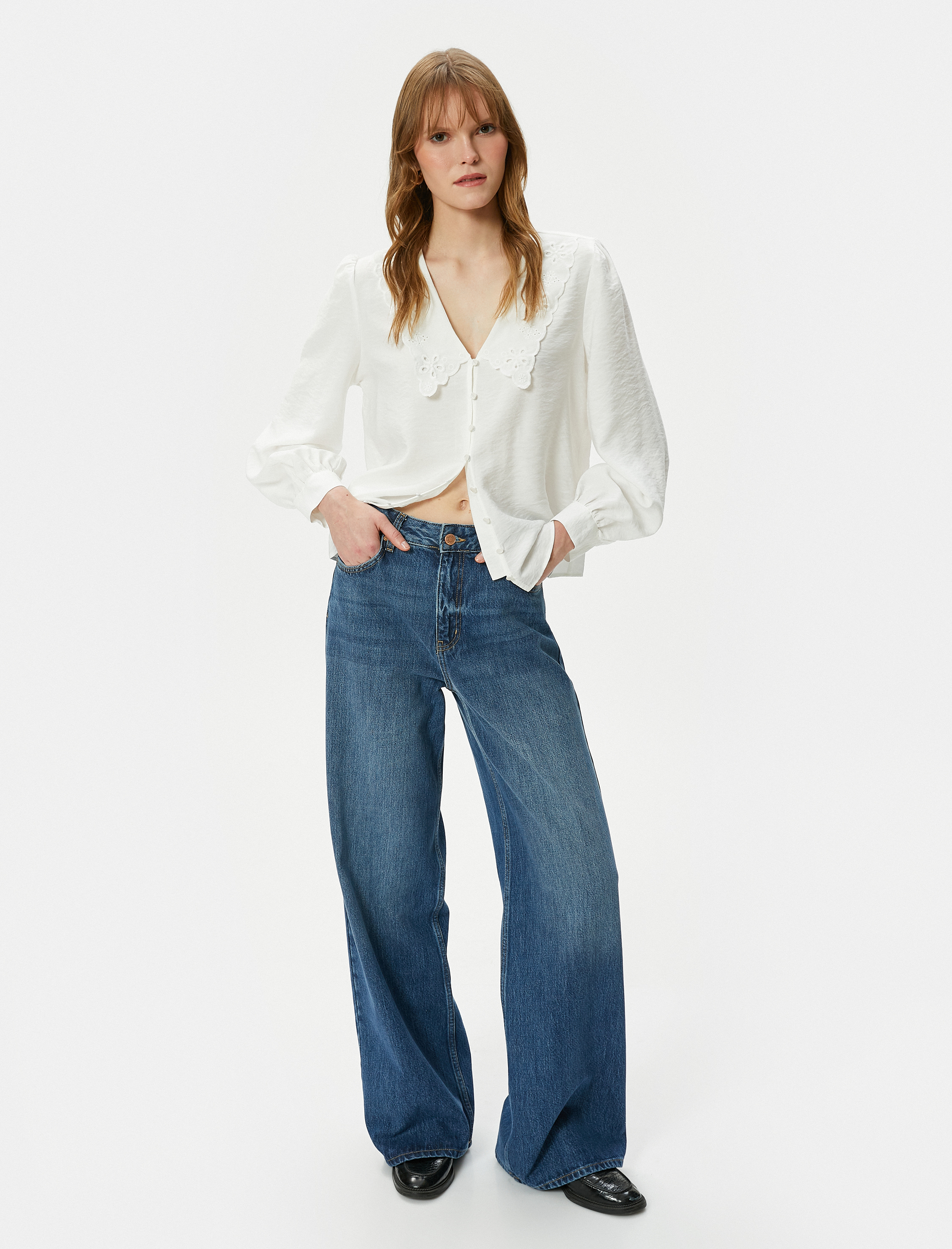   Bebe Yaka Gömlek Düğmeli Balon Kollu Viskon