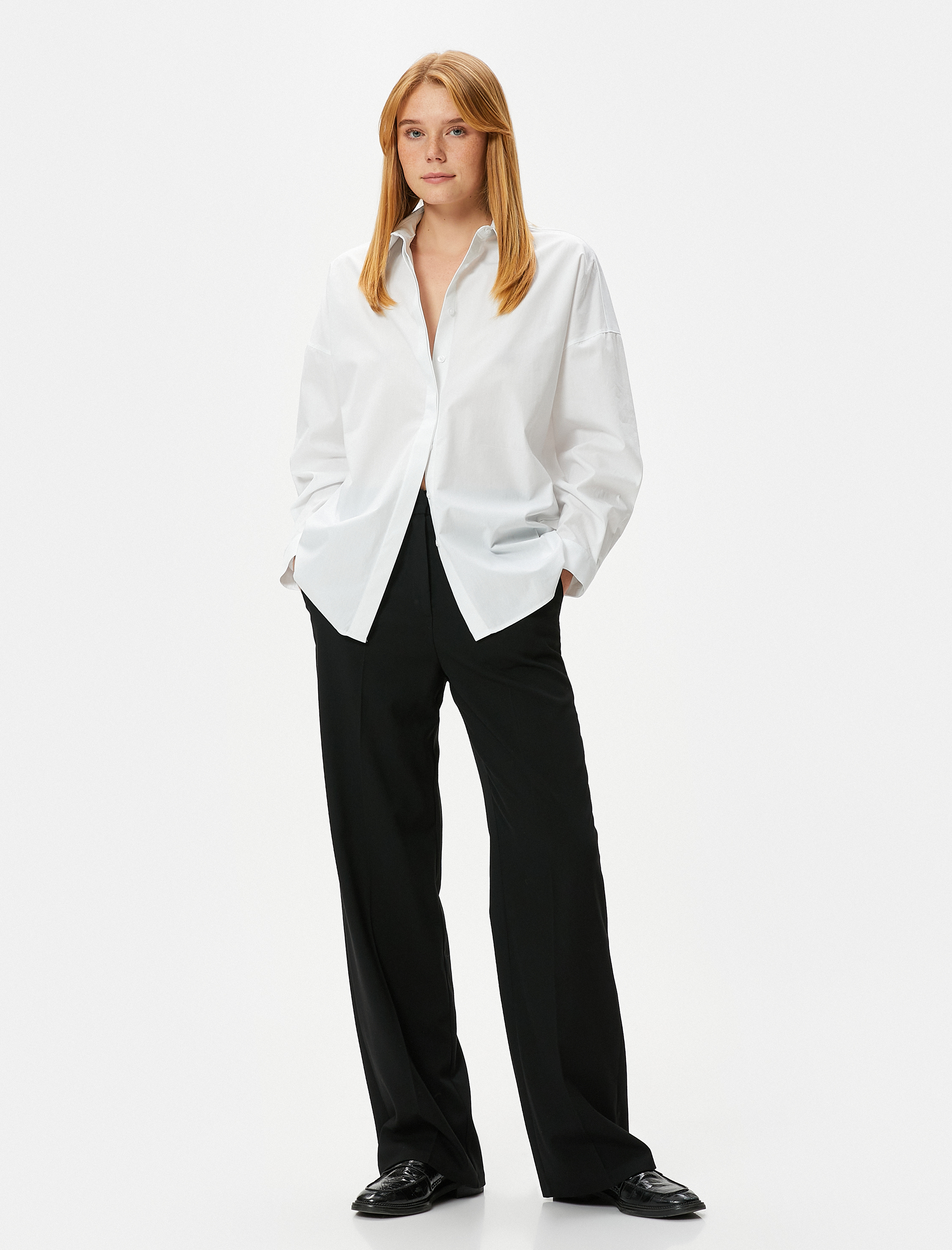 Oversize Poplin Gömlek Uzun Kollu Düğmeli Klasik Yaka