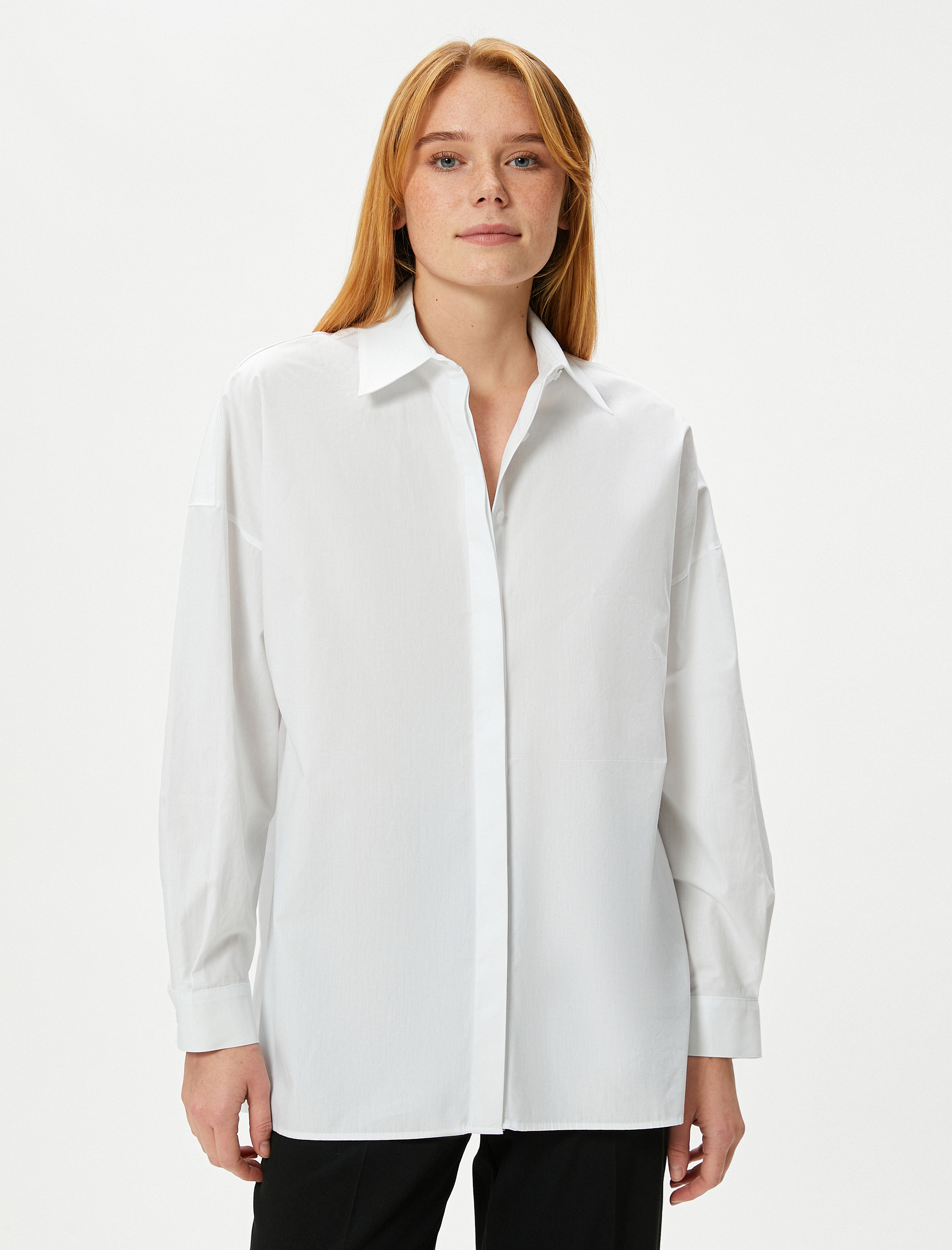 Oversize Poplin Gömlek Uzun Kollu Düğmeli Klasik Yaka