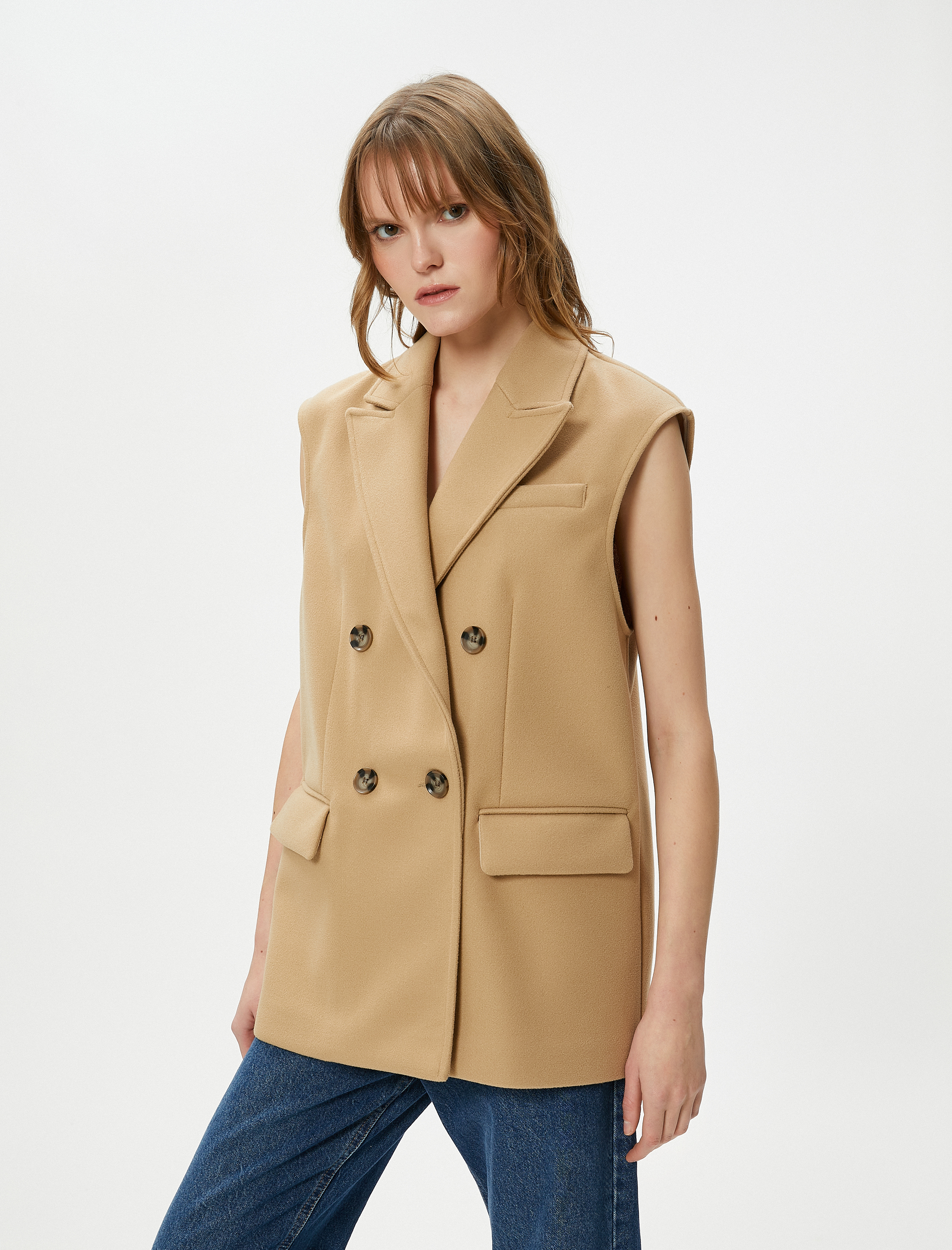   Kaşe Kruvaze Yelek Düğmeli Kapaklı Cep Detaylı