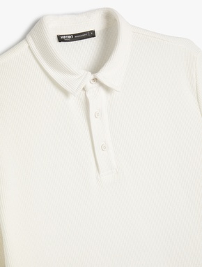 Basic Polo Yaka Tişört Düğme Detaylı Kısa Kollu Dokulu_2