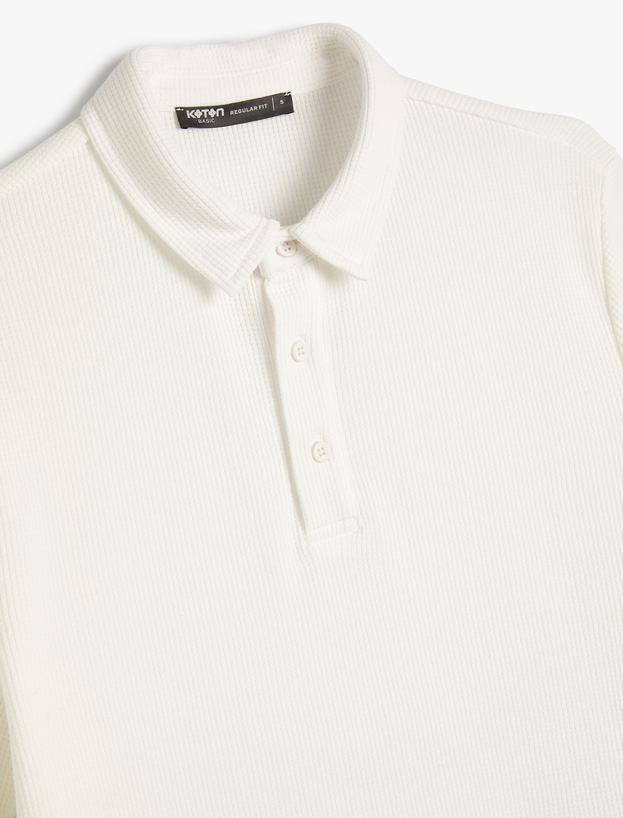 Basic Polo Yaka Tişört Düğme Detaylı Kısa Kollu Dokulu_2