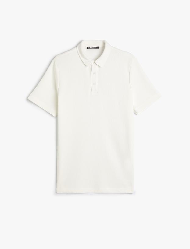 Basic Polo Yaka Tişört Düğme Detaylı Kısa Kollu Dokulu_0
