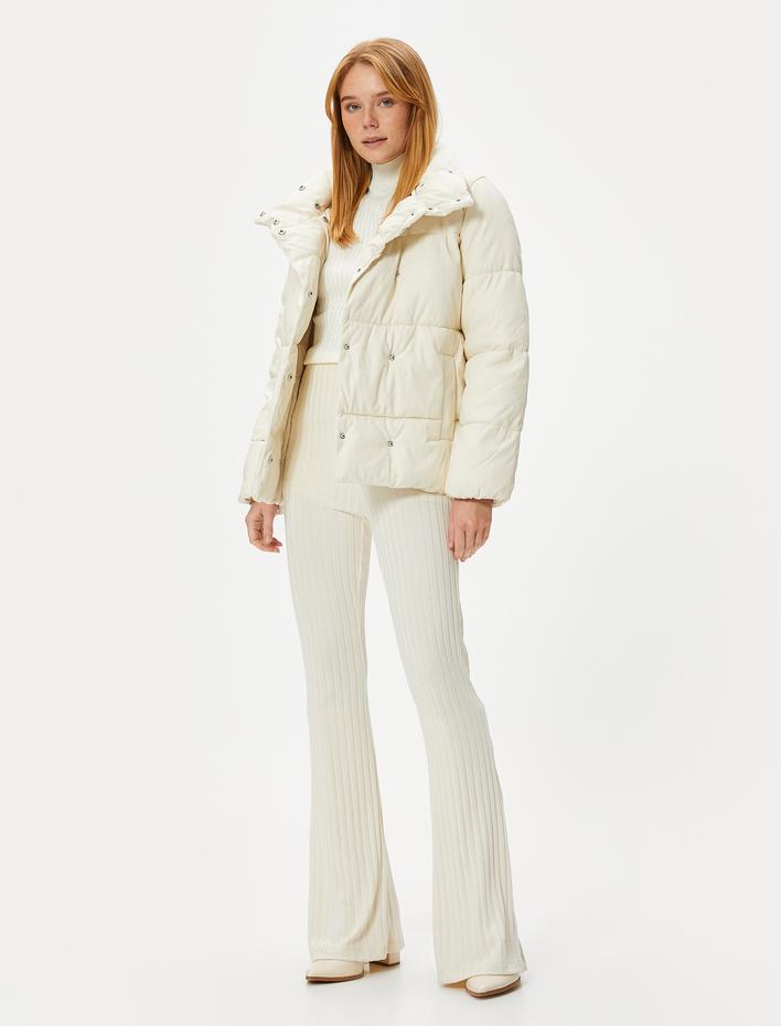  Kısa Şişme Mont Deri Görünümlü Çıtçıt Düğmeli Cepli Dik Yaka