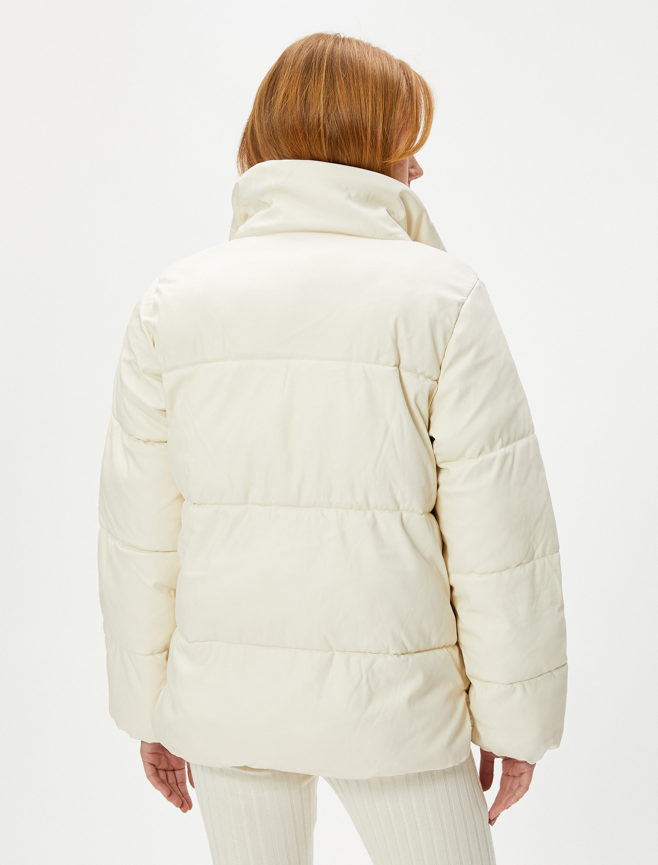   Kısa Şişme Mont Deri Görünümlü Çıtçıt Düğmeli Cepli Dik Yaka