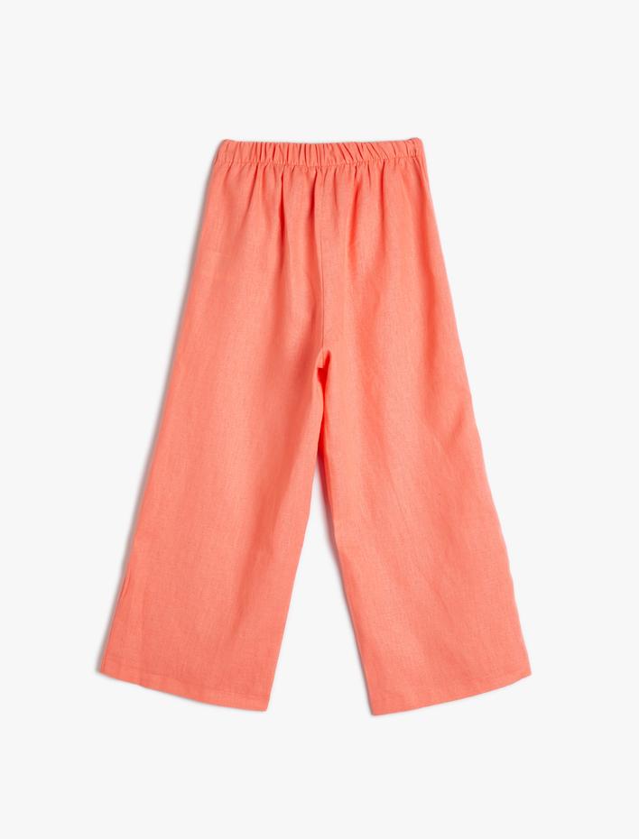 Kız Çocuk Keten Pantolon Kruvaze Kapama Bol Paça Kemer Detaylı