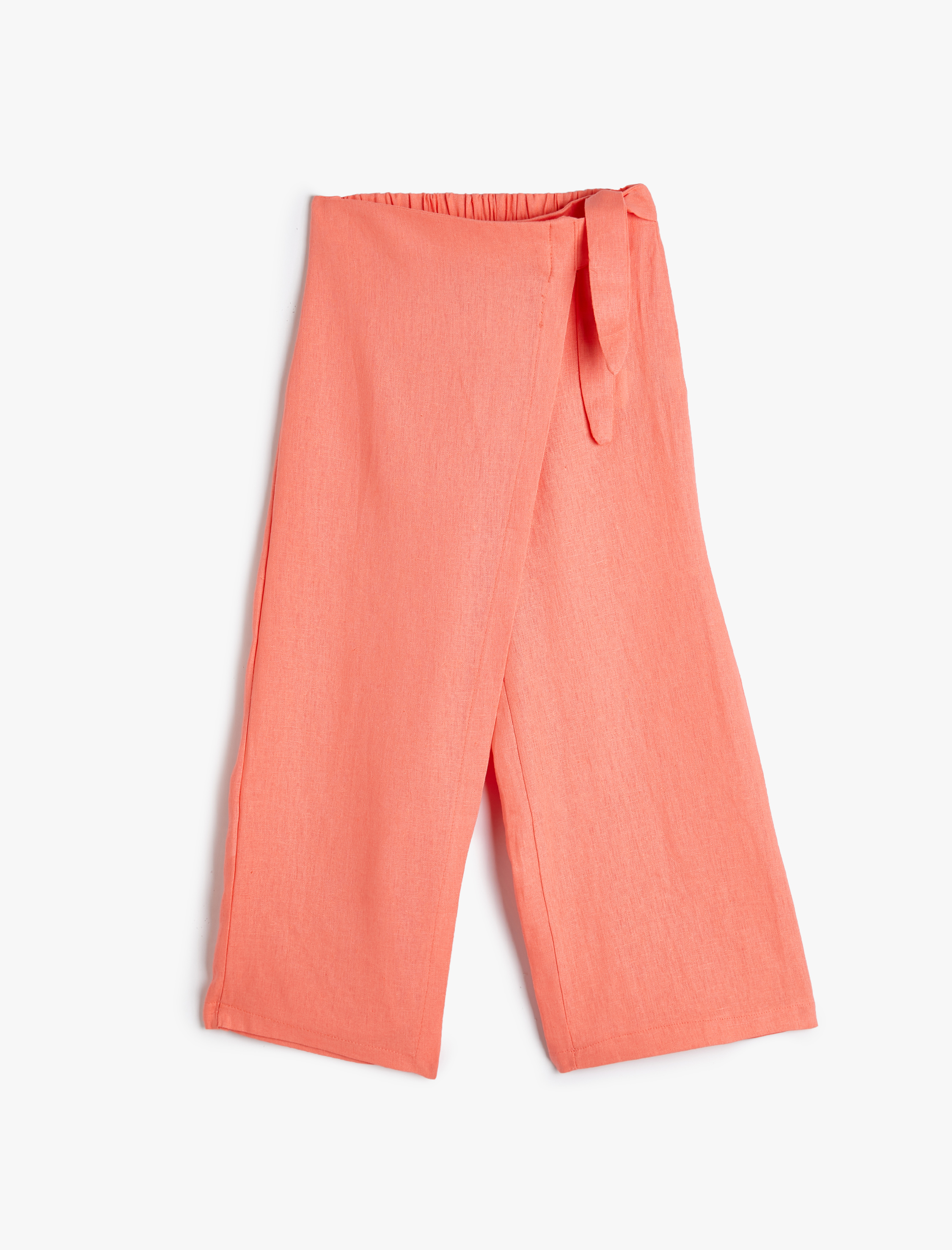  Kız Çocuk Keten Pantolon Kruvaze Kapama Bol Paça Kemer Detaylı