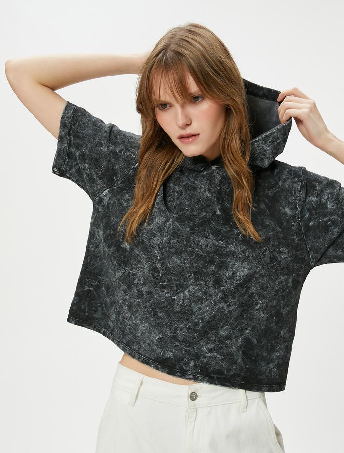  Kapşonlu Sweatshirt Kısa Kollu Soluk Efektli