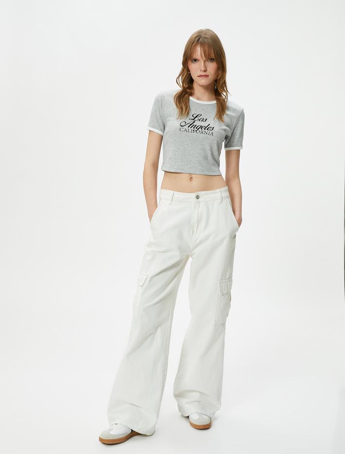  Crop Baskılı Tişört Kısa Kollu Fitilli