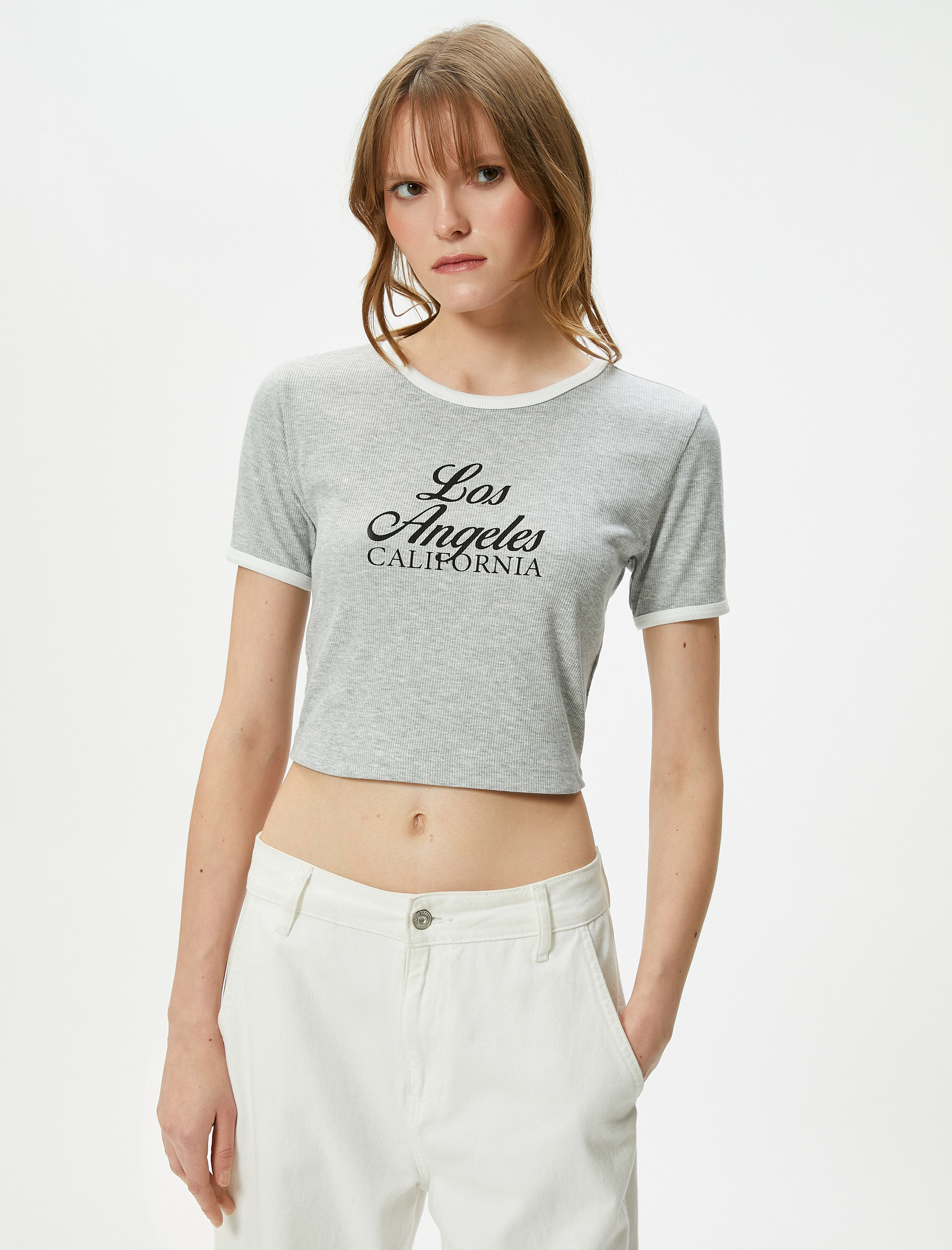   Crop Baskılı Tişört Kısa Kollu Fitilli