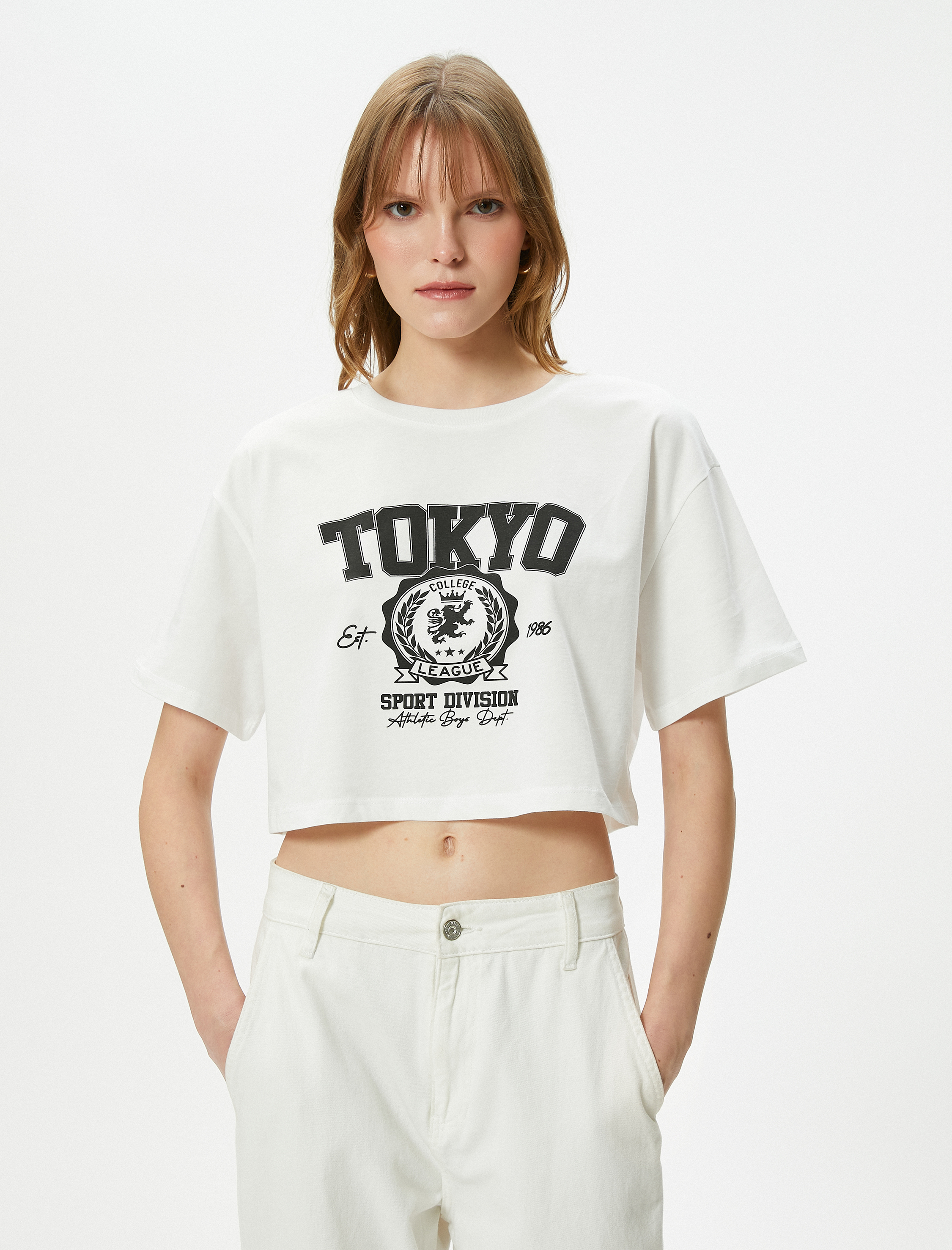   Crop Baskılı Tişört Kısa Kollu Bisiklet Yaka