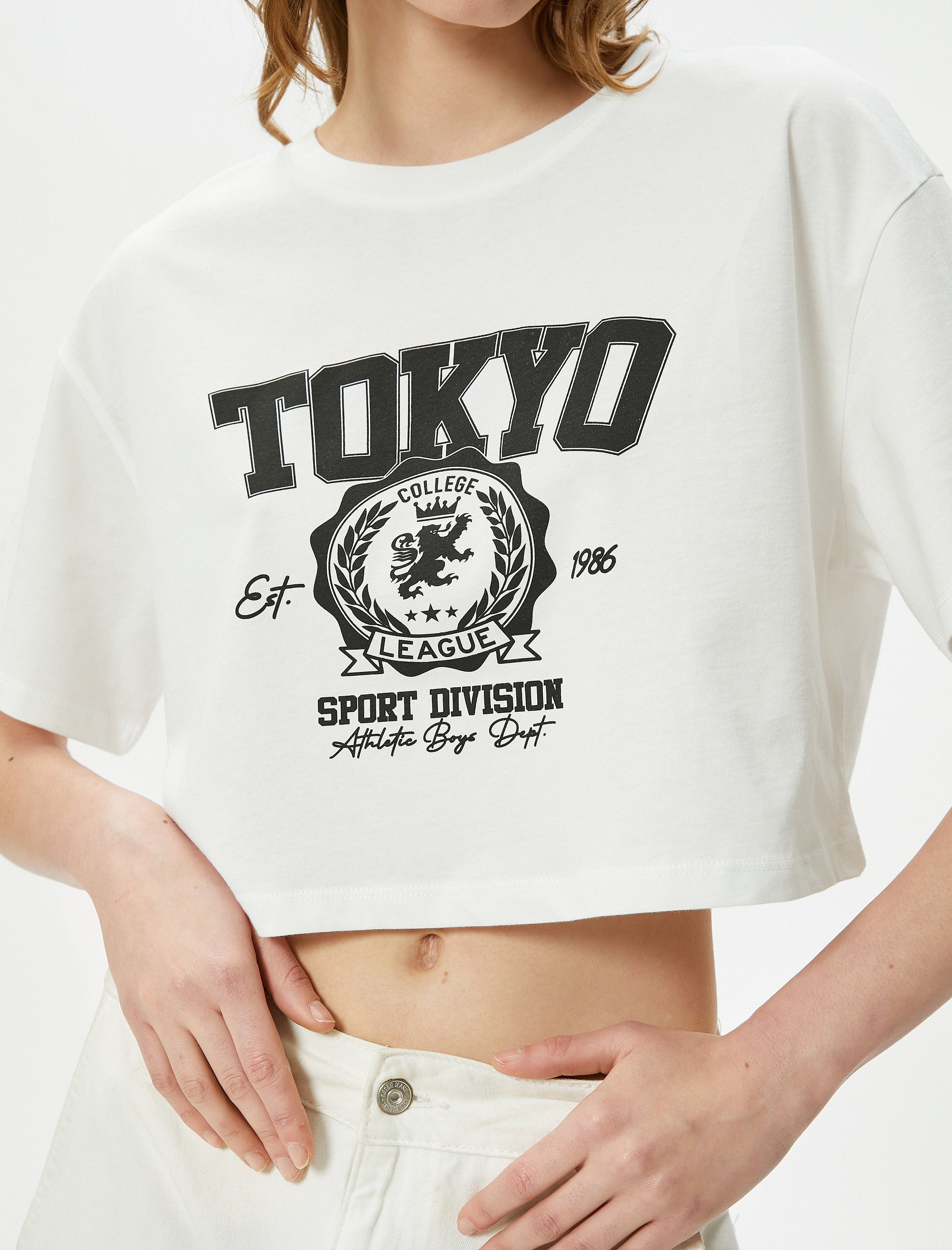   Crop Baskılı Tişört Kısa Kollu Bisiklet Yaka