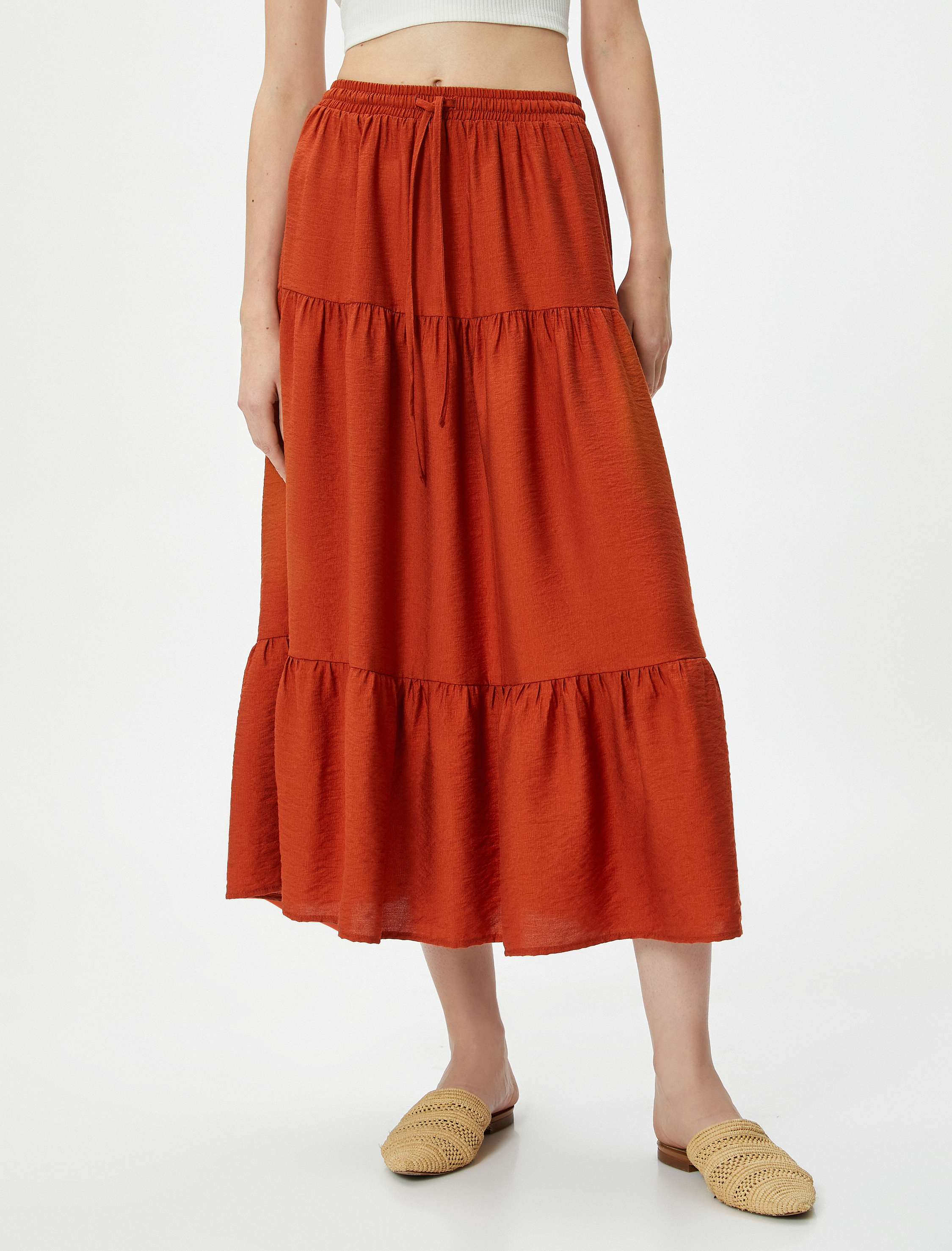   Midi Etek Volanlı Beli Lastikli Viskon