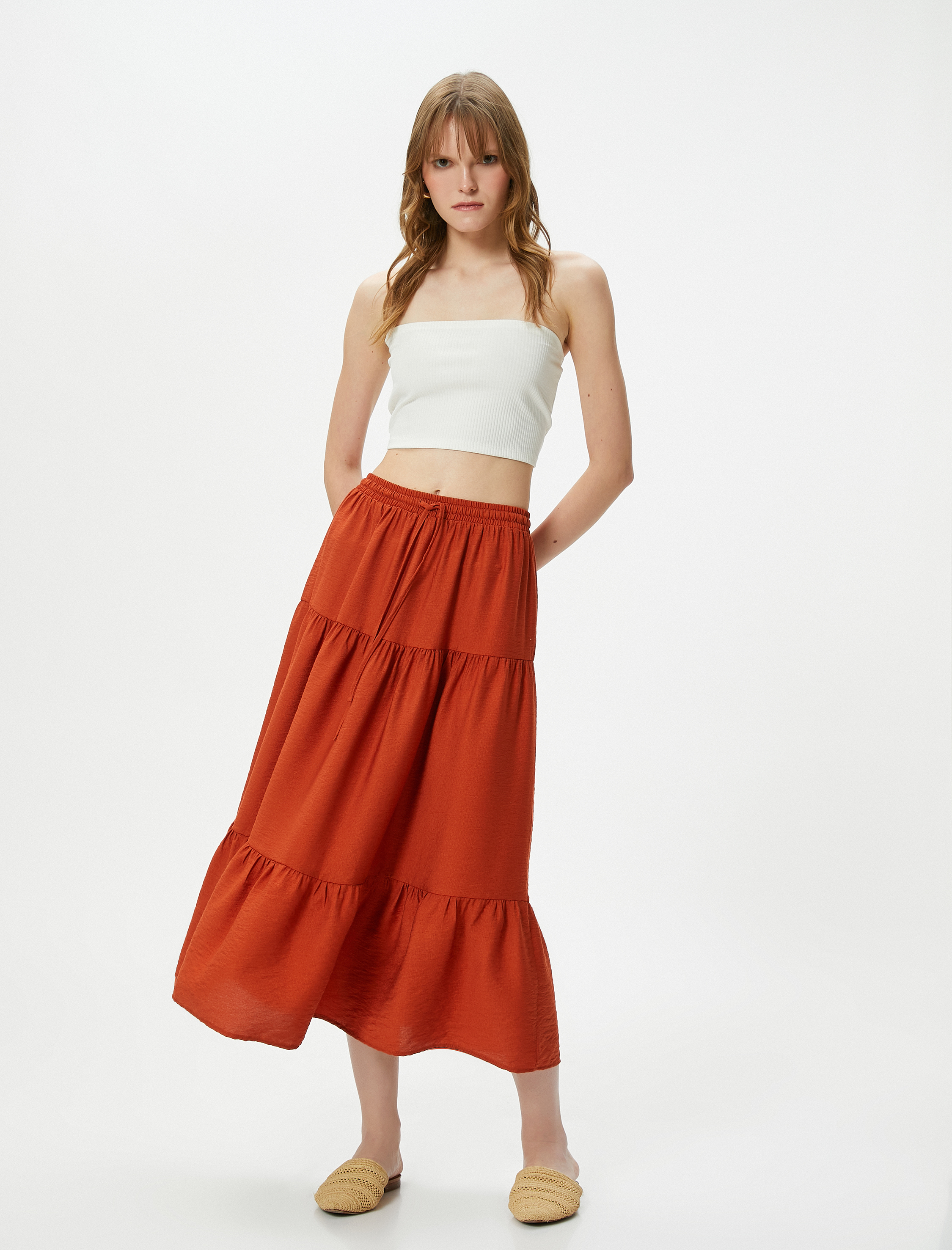   Midi Etek Volanlı Beli Lastikli Viskon