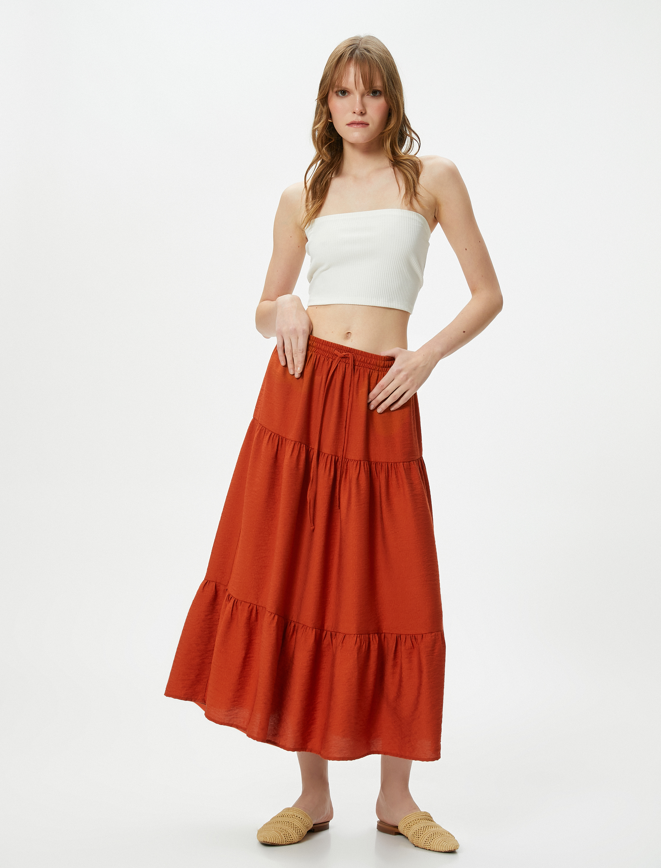   Midi Etek Volanlı Beli Lastikli Viskon